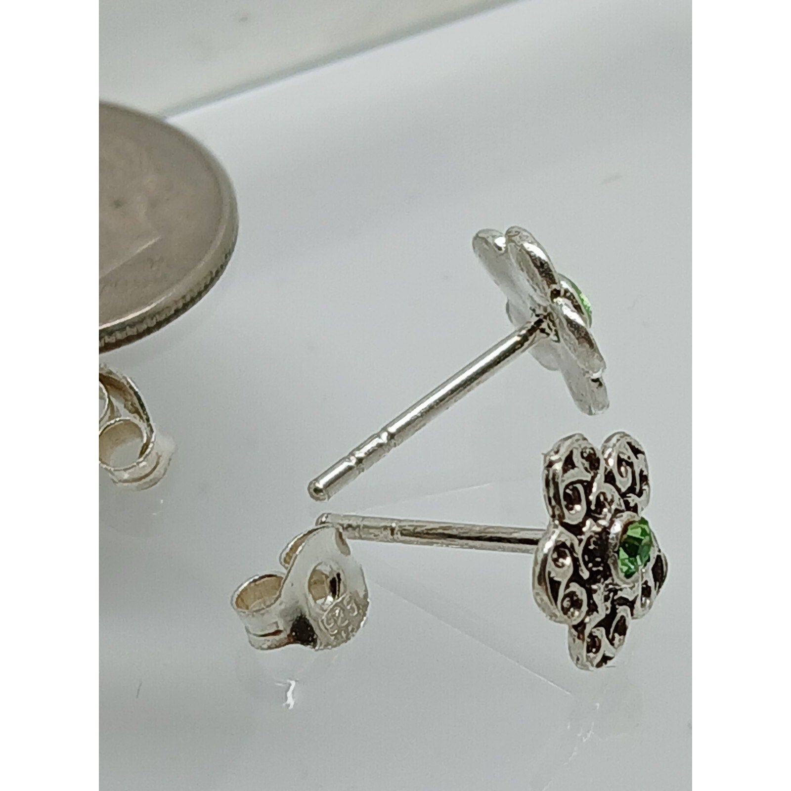 Vintage Estate Jewelry NOS .925 Sterling Silver Green Crystal Flower Earrings - HoneyThomas.com