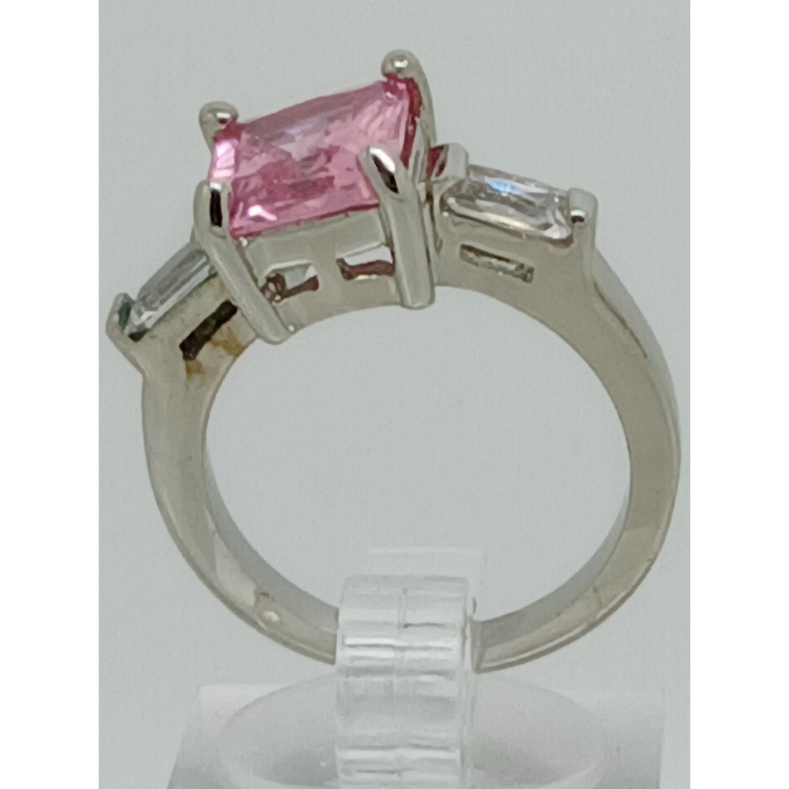 Vintage 3-Stone Gold GP Pink Princess Cut Sim Diamond CZ Engagement Ring Size 7 - HoneyThomas.com