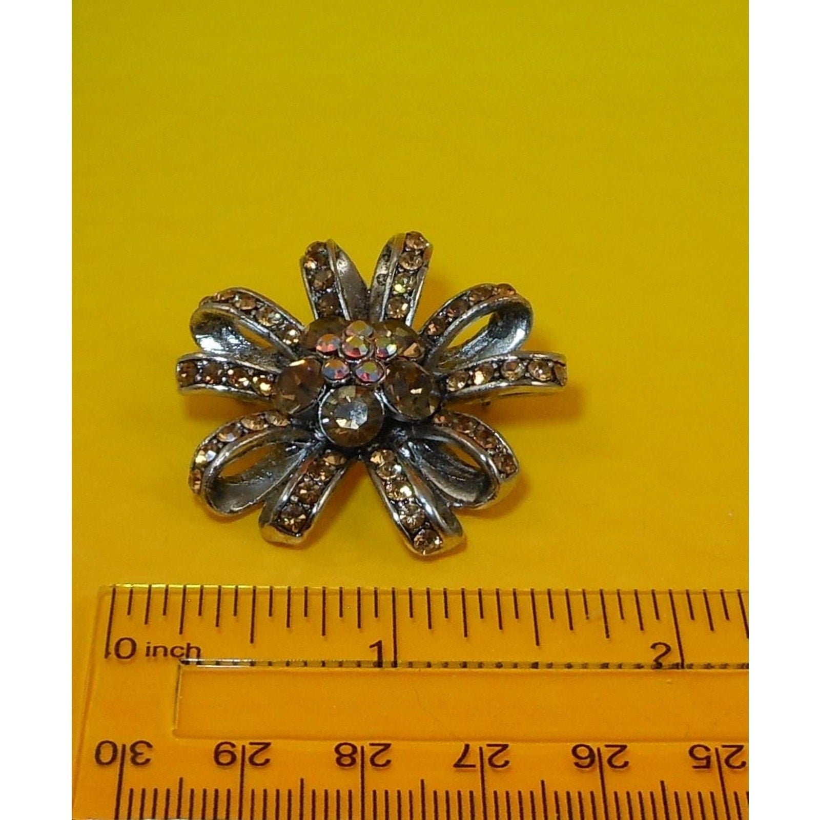 Vintage Amber Topaz AB Flower Ribbon Crystal Rhinestone Silver tone Pin Brooch - HoneyThomas.com