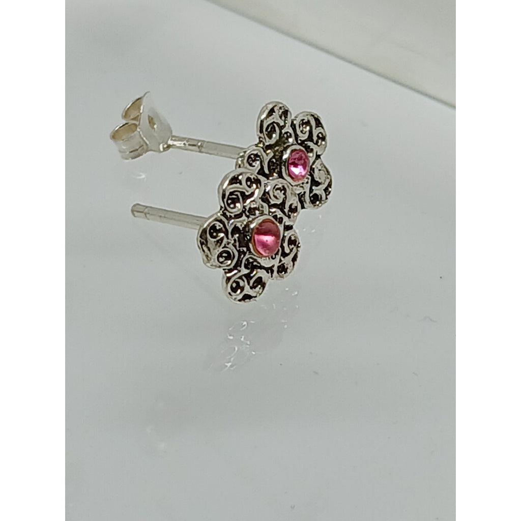Vintage Estate Jewelry NOS .925 Sterling Silver Pink Crystal Flower Earrings - HoneyThomas.com