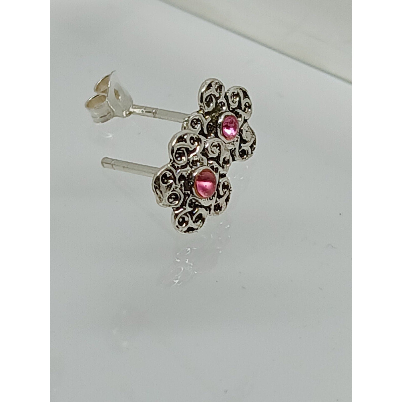 Vintage Estate Jewelry NOS .925 Sterling Silver Pink Crystal Flower Earrings - HoneyThomas.com