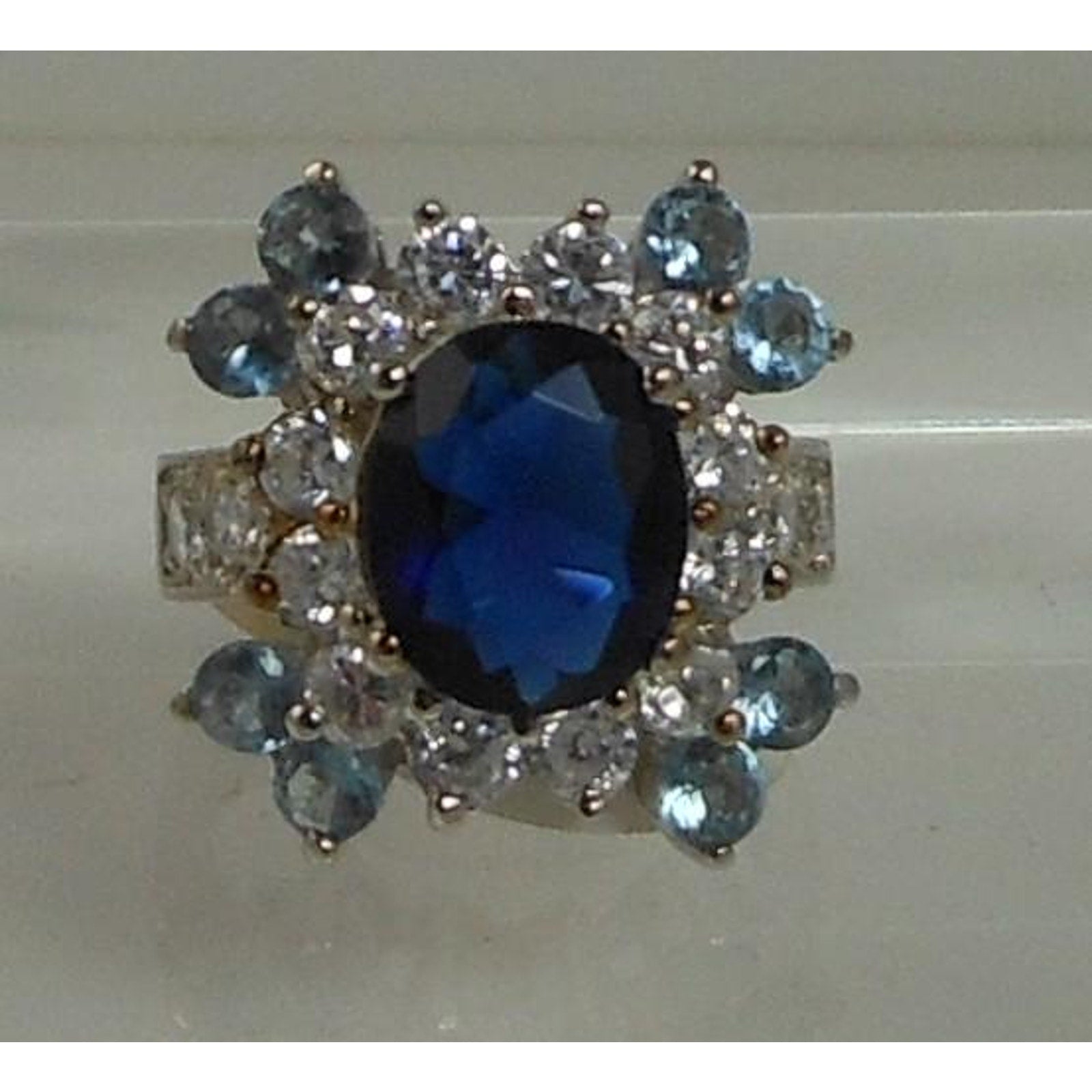 Sterling Silver Cocktail Ring Simulated Diamond Sapphire Topaz CZ Vintage Size 6