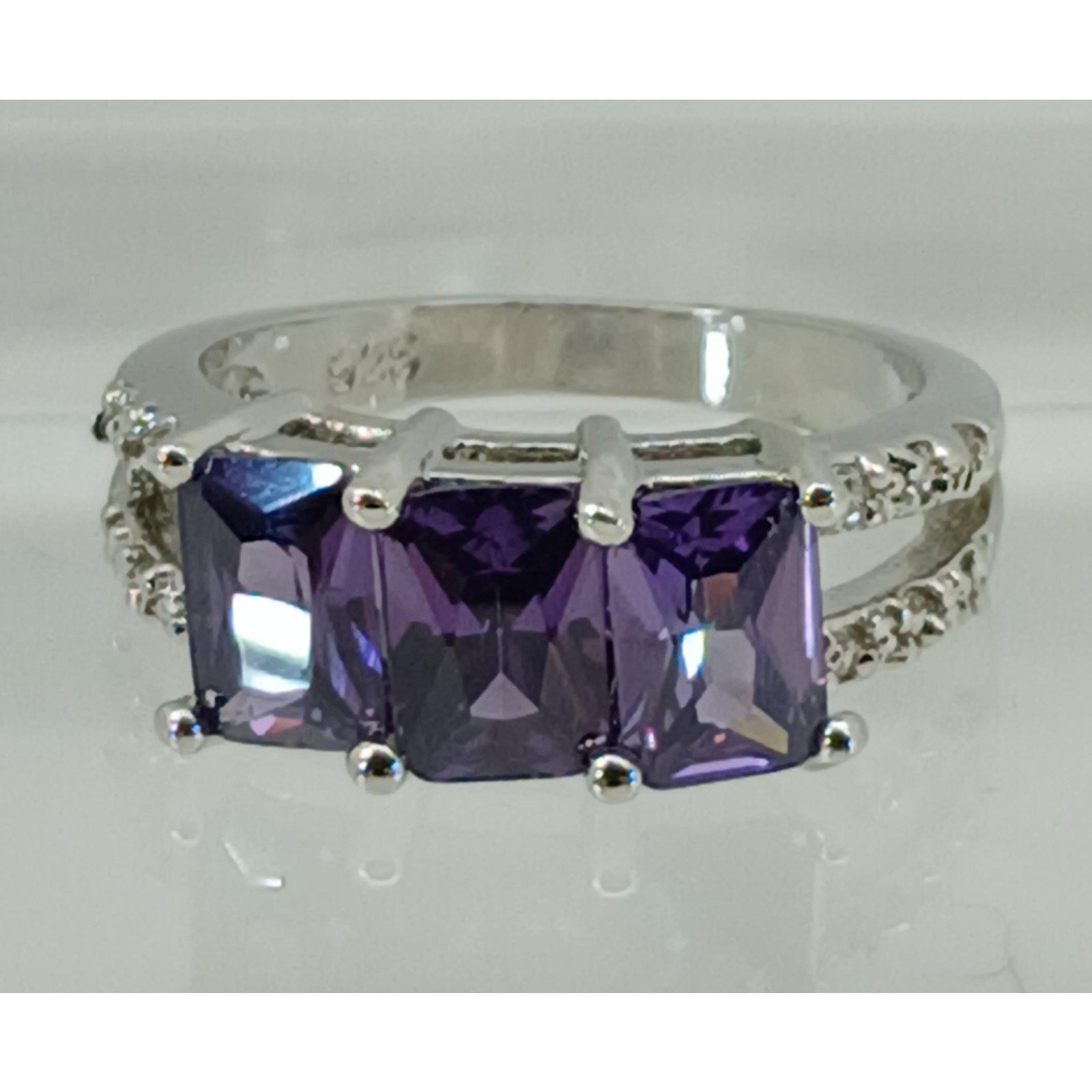 Vintage Ring Size 7.25 Silver Tone White Gold Plated Purple Sim Diamond CZ