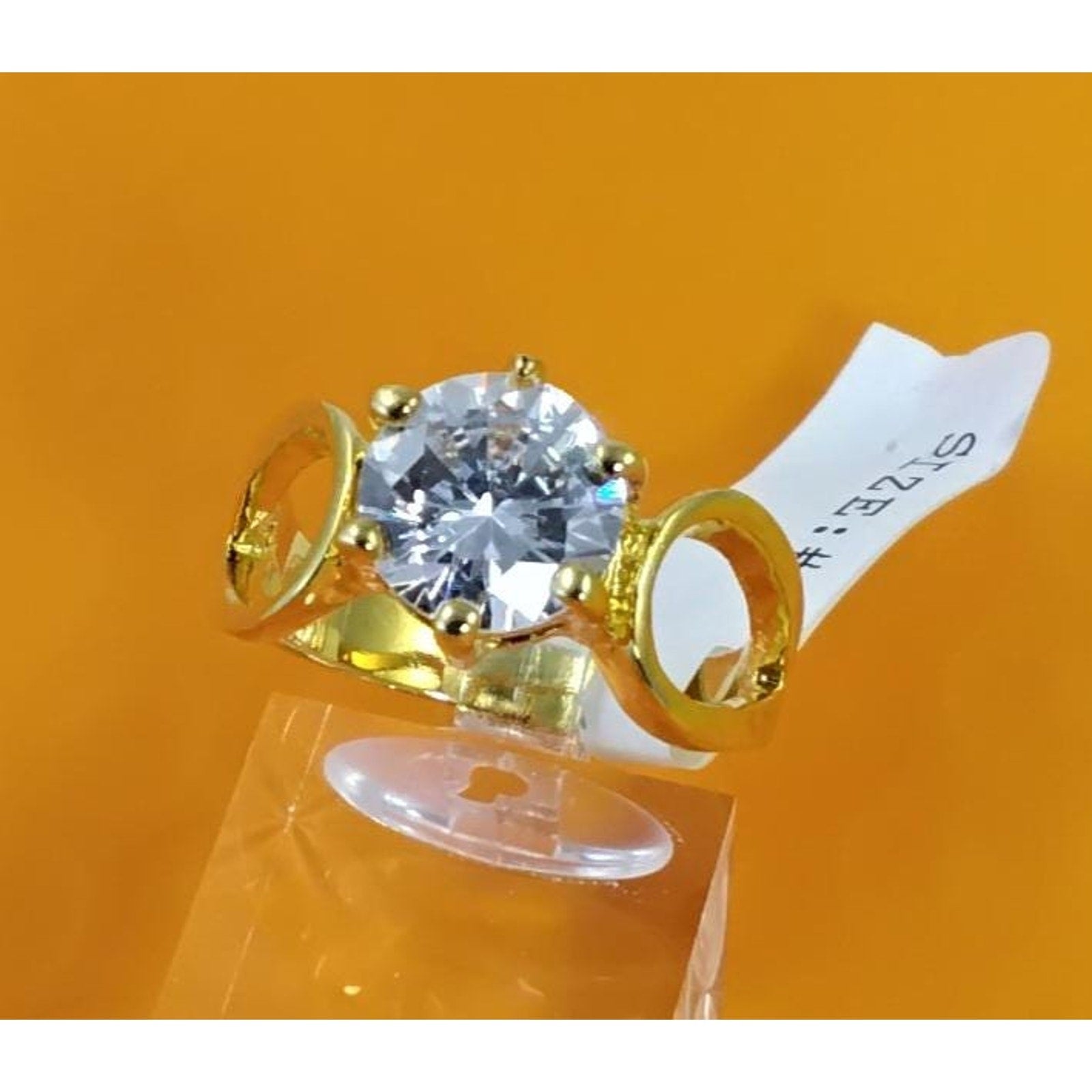 1990s Gold Plated 3.25 CT Size 9 Solitaire Engagement Cocktail Sim Diamond Ring - HoneyThomas.com