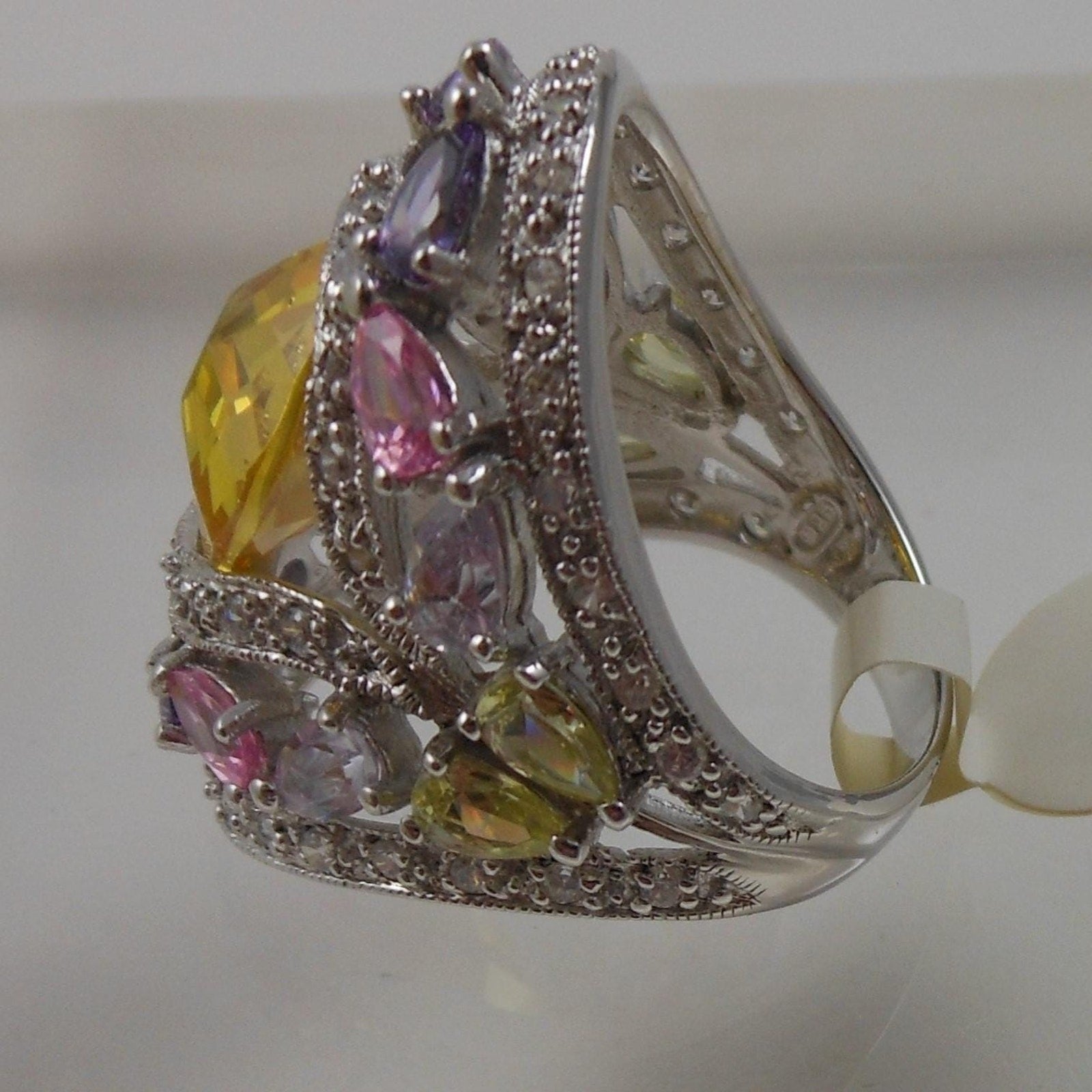 Vintage 1990's CZ Cocktail Statement Ring Simulated Canary Diamond Pink Sapphire - HoneyThomas.com