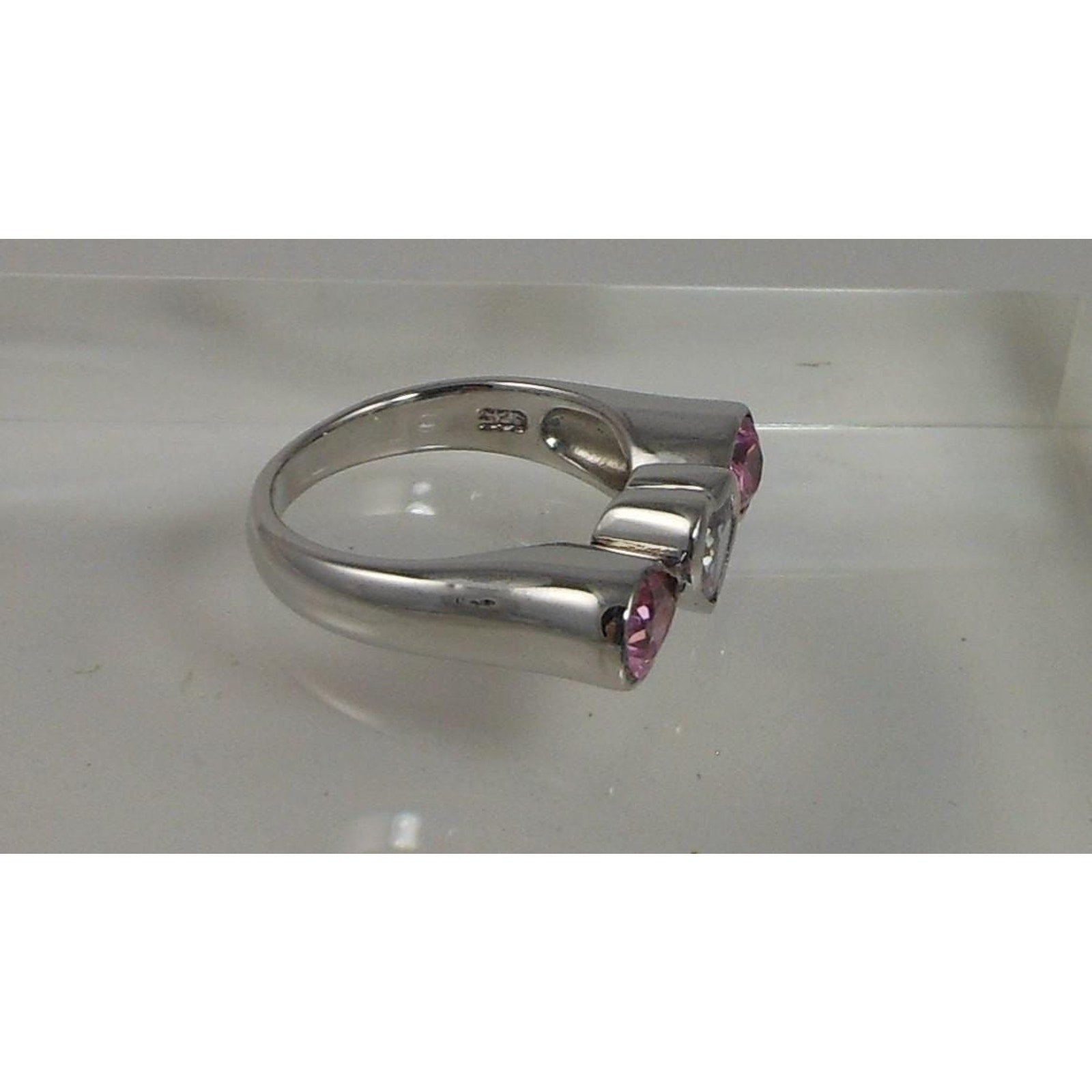 Vintage 1990s Sterling Silver Heart Ring Size 8.75 Pink Ice Simulated Diamond - HoneyThomas.com