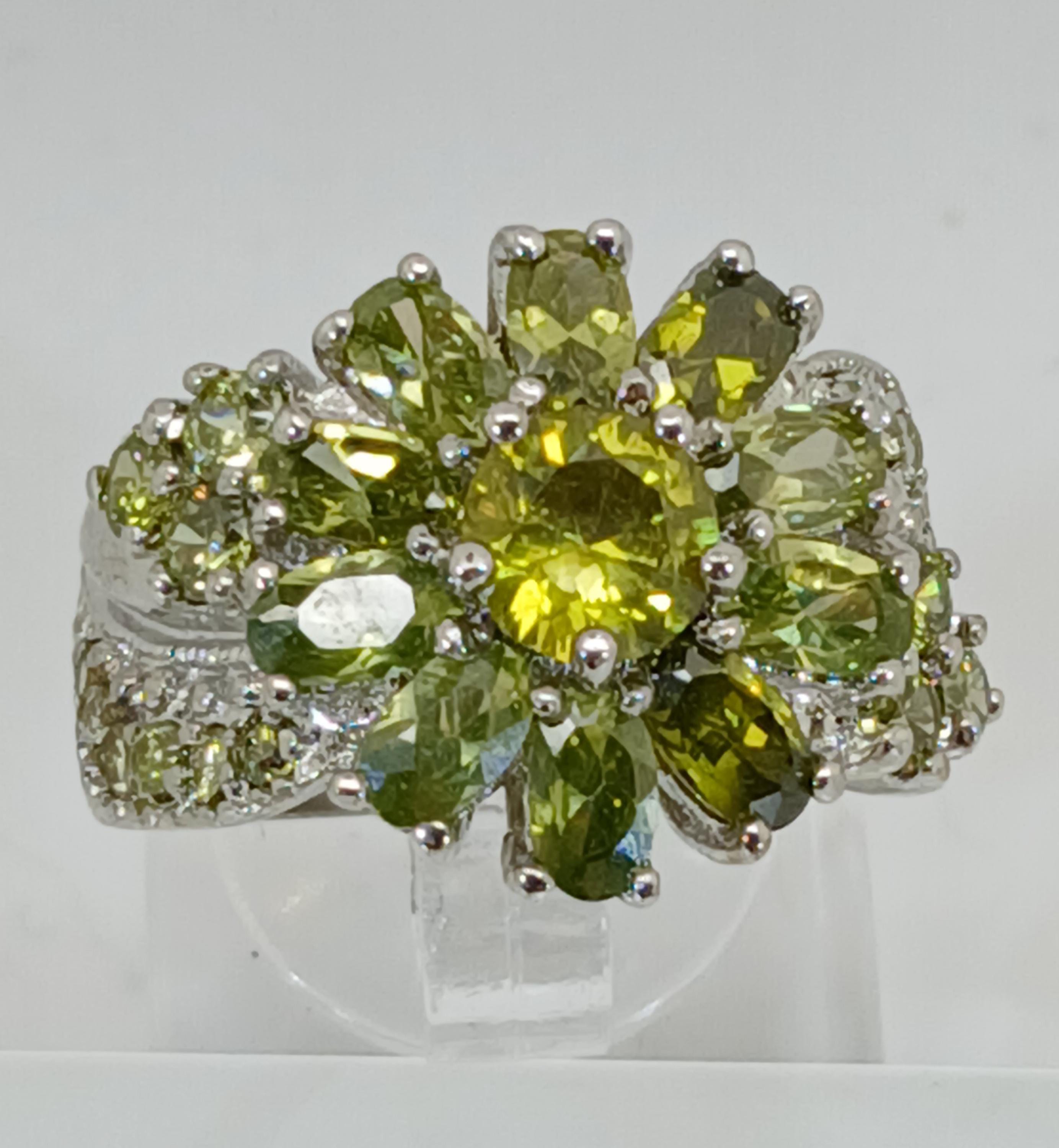 Vintage Ring Size 5.25 Silver Tone White Gold GP Lemon Olivine CZ Floral Cluster