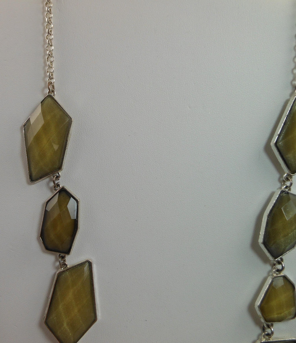 Green Geometric Link Pendant Necklace: Designer Signed NY, 36" Statement Jewelry