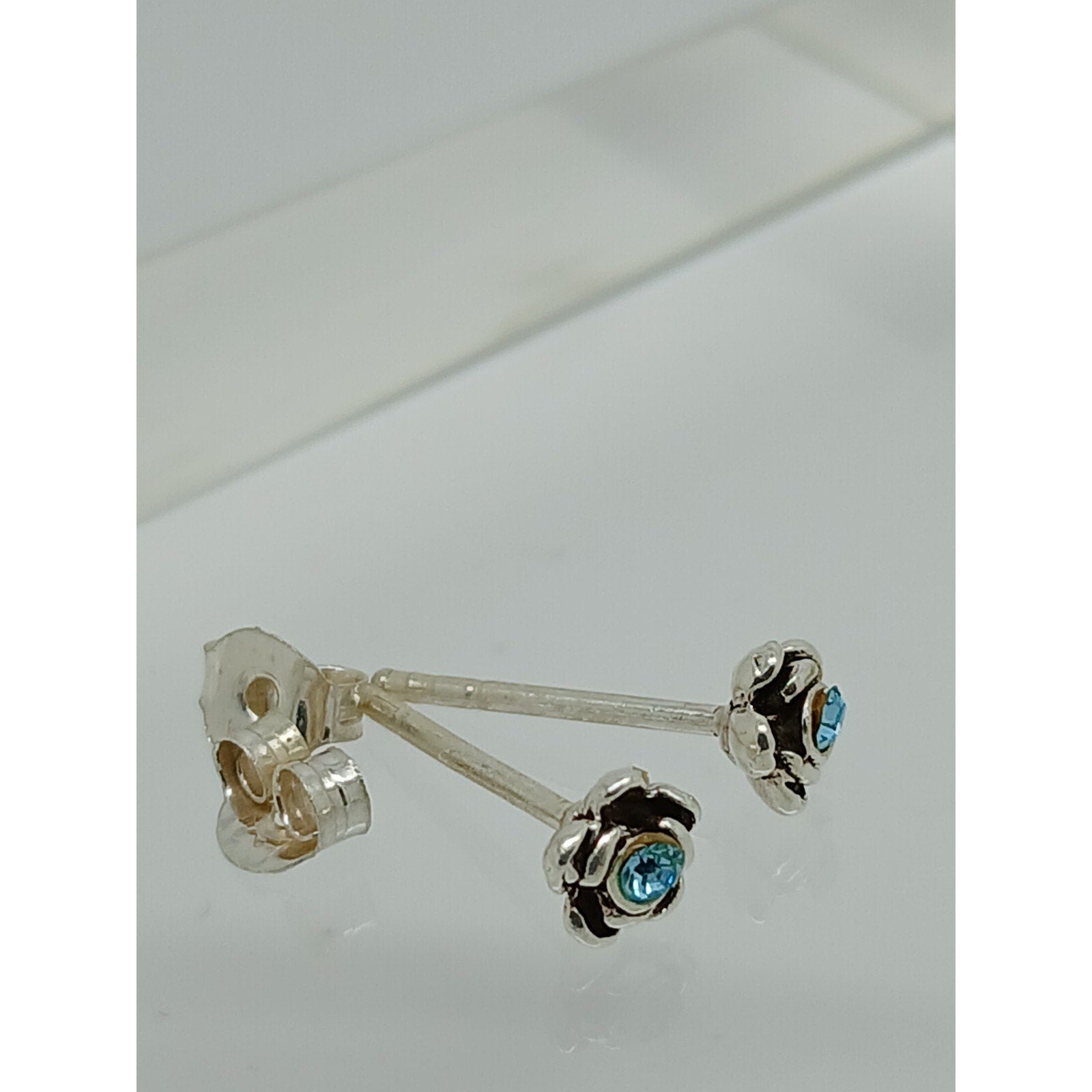 Vintage Estate Jewelry NOS .925 Sterling Silver Sky Blue Rose Crystal Earrings - HoneyThomas.com