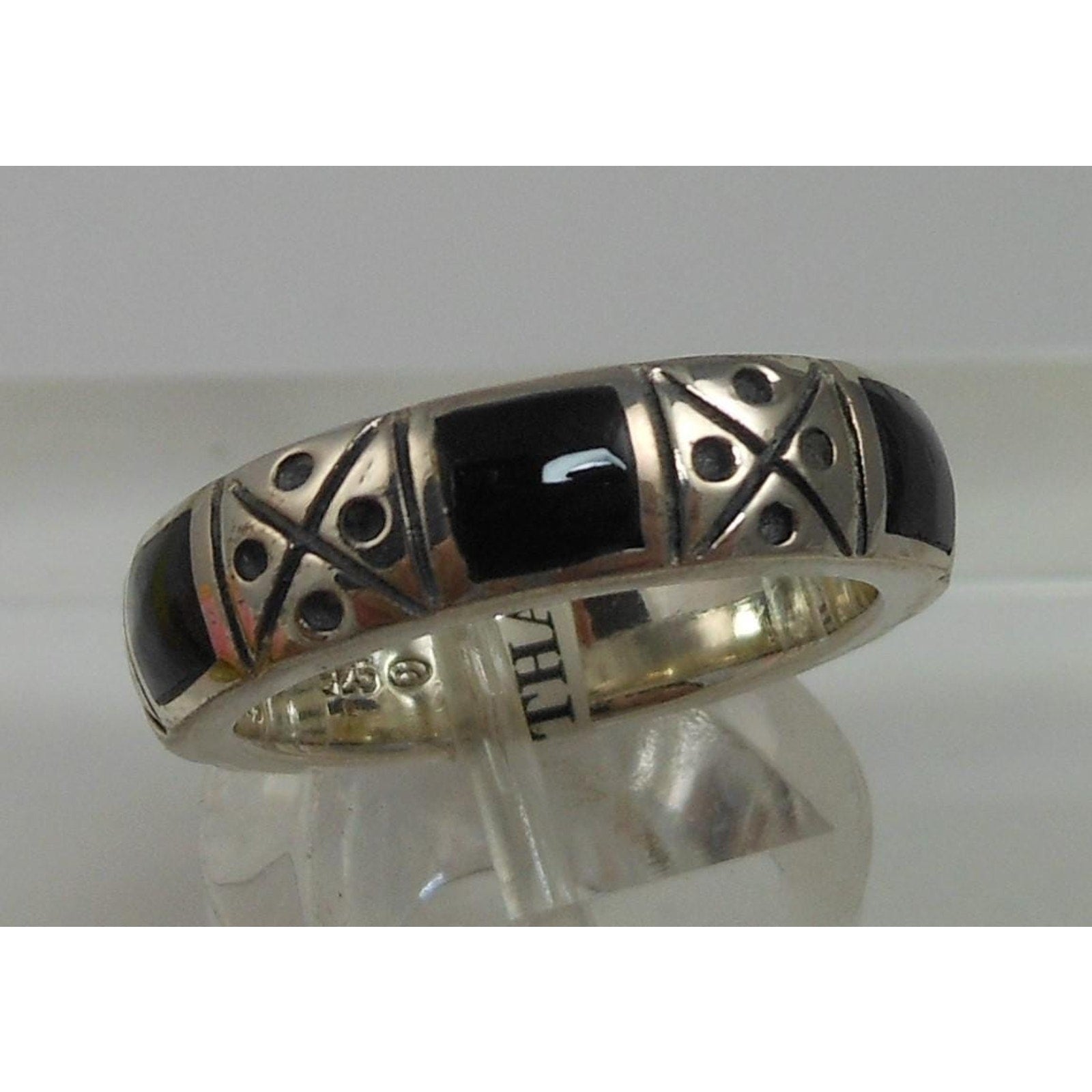 Vintage Black Sterling Silver Band Ring, Designer Signed, Size 6.25 - HoneyThomas.com