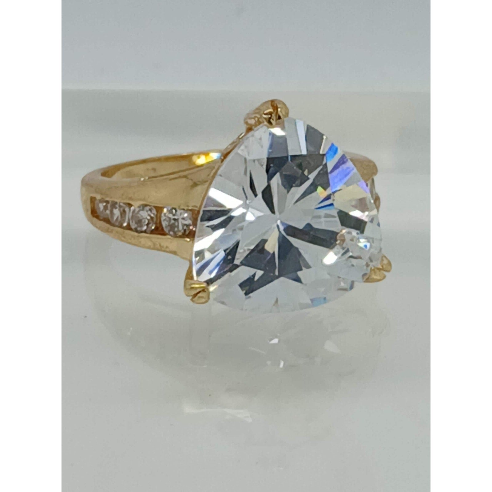 1990's Vintage Bold Trilliant Cut 8 CT Gold HGE CZ Sim Diamond Ring Size 7 Rare - HoneyThomas.com