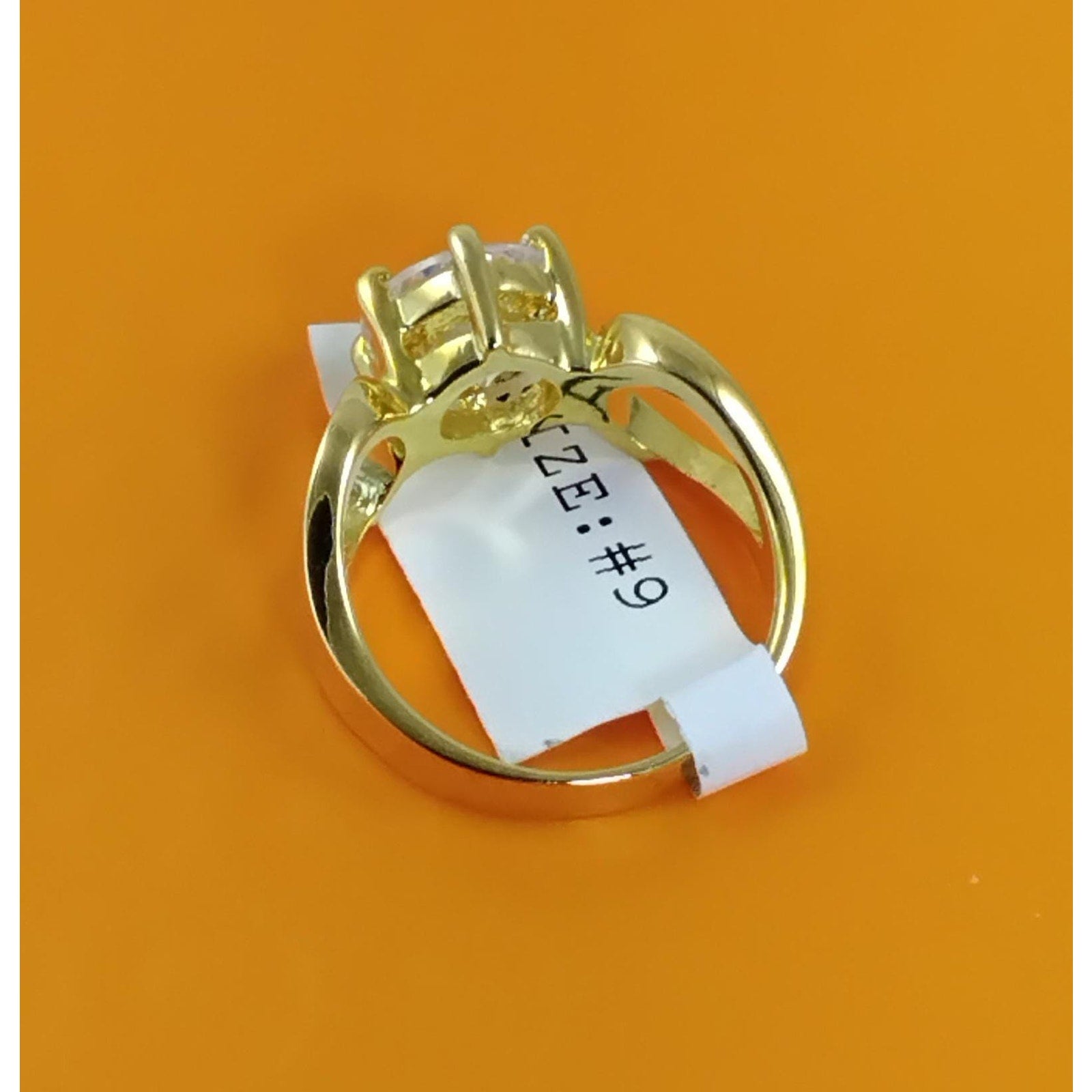 1990s Gold Plated 3.25 CT Size 9 Solitaire Engagement Cocktail Sim Diamond Ring