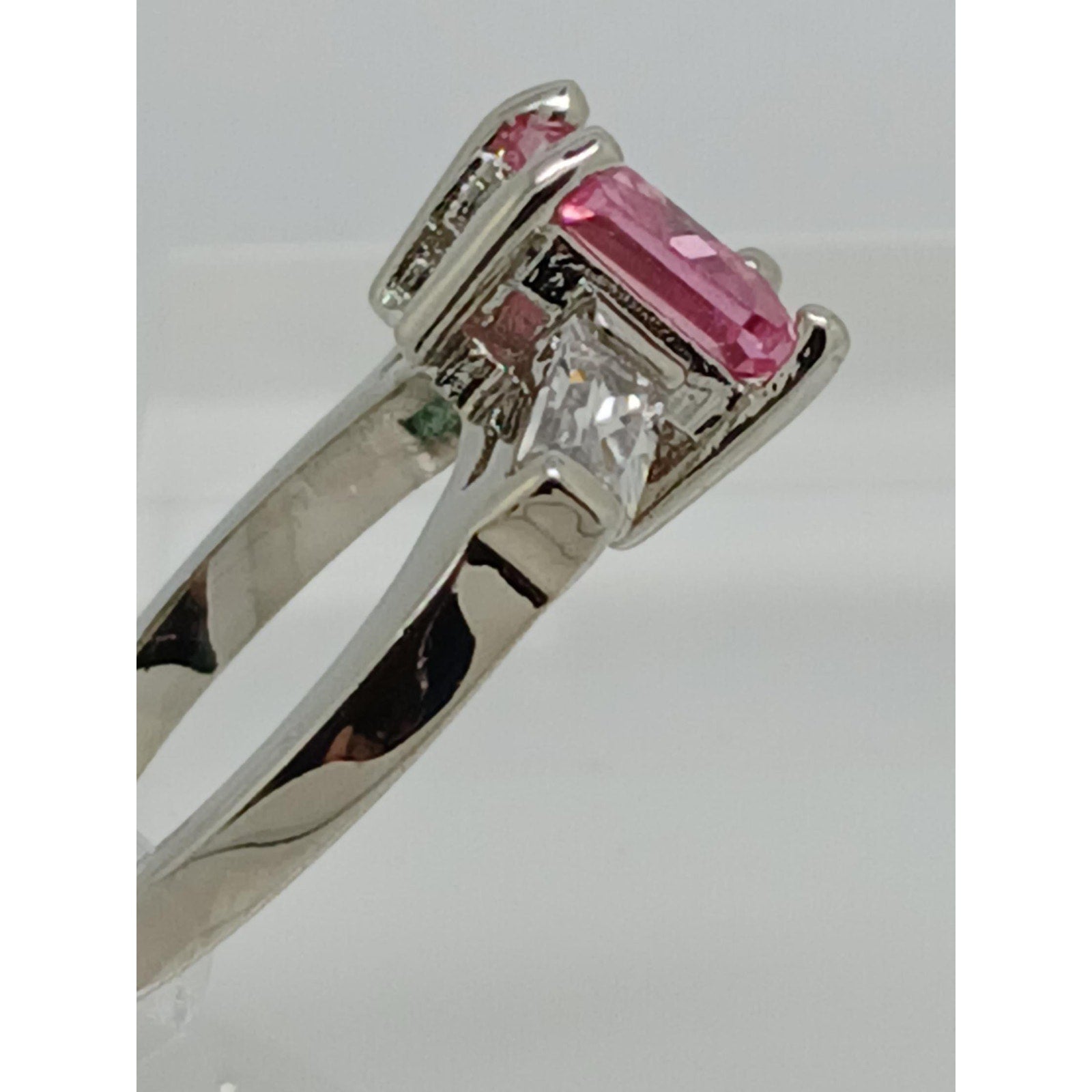 3.5CT Vintage White Gold Plated Pink Princess Cut CZ Engagement Ring Size 6 - Radiant Cut Side Stones, New-Old-Stock