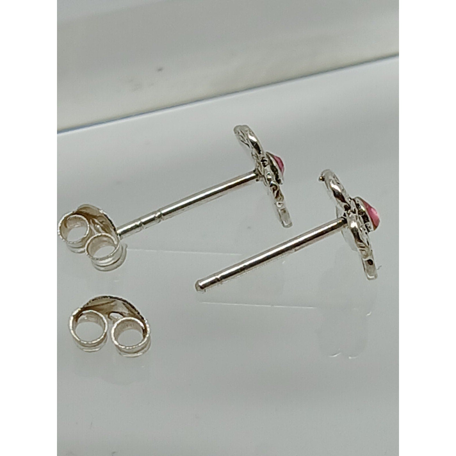 Vintage Estate Jewelry NOS .925 Sterling Silver Pink Crystal Flower Earrings - HoneyThomas.com