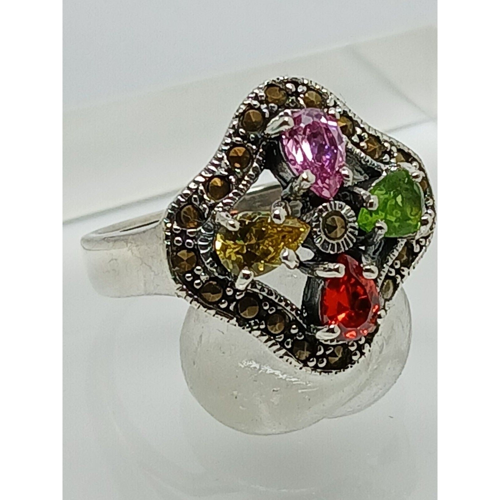 Vintage 1990's Marcasite Sterling Silver Ring: Rainbow Gemstone Floral Size 8.75 - HoneyThomas.com