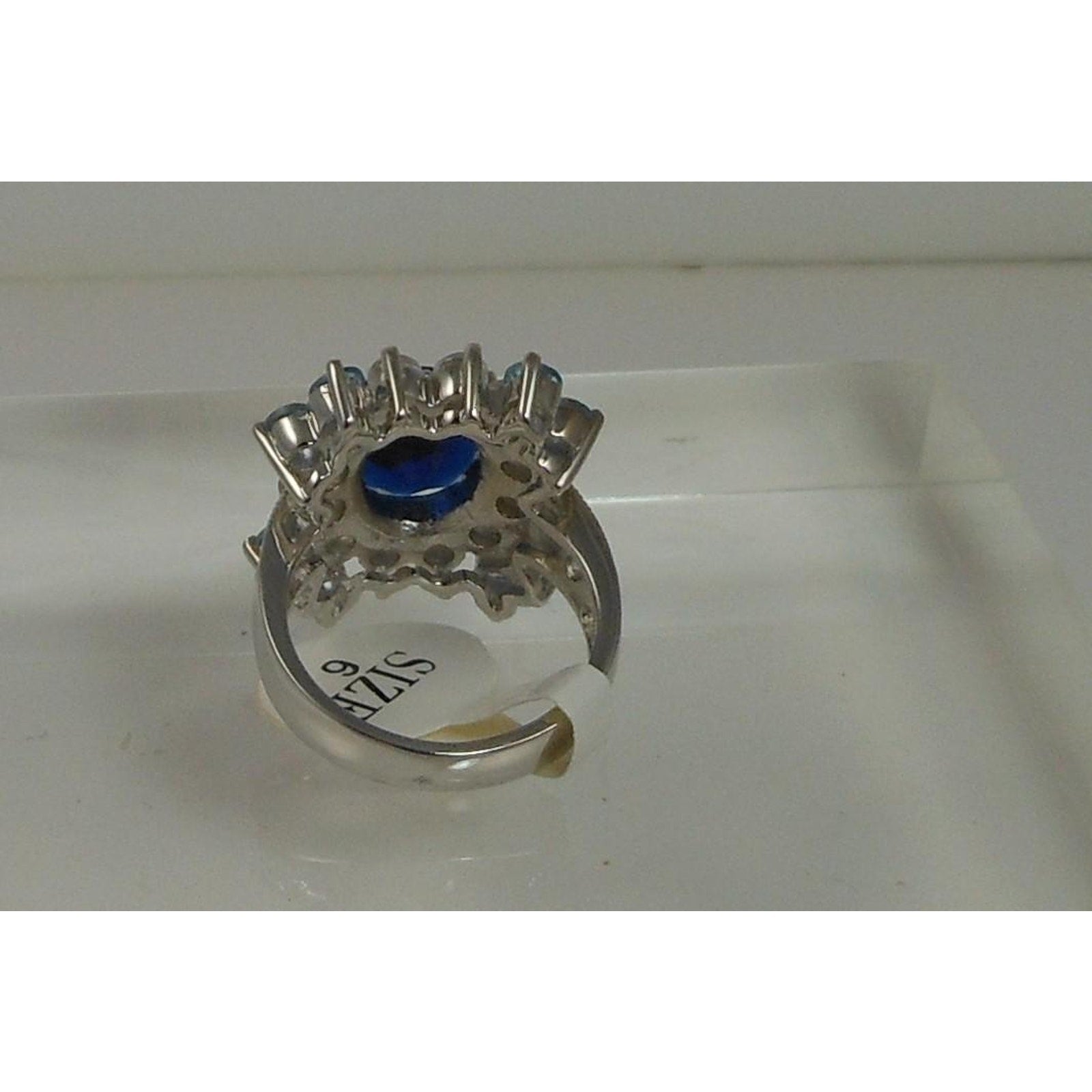 Sterling Silver Cocktail Ring Simulated Diamond Sapphire Topaz CZ Vintage Size 6 - HoneyThomas.com