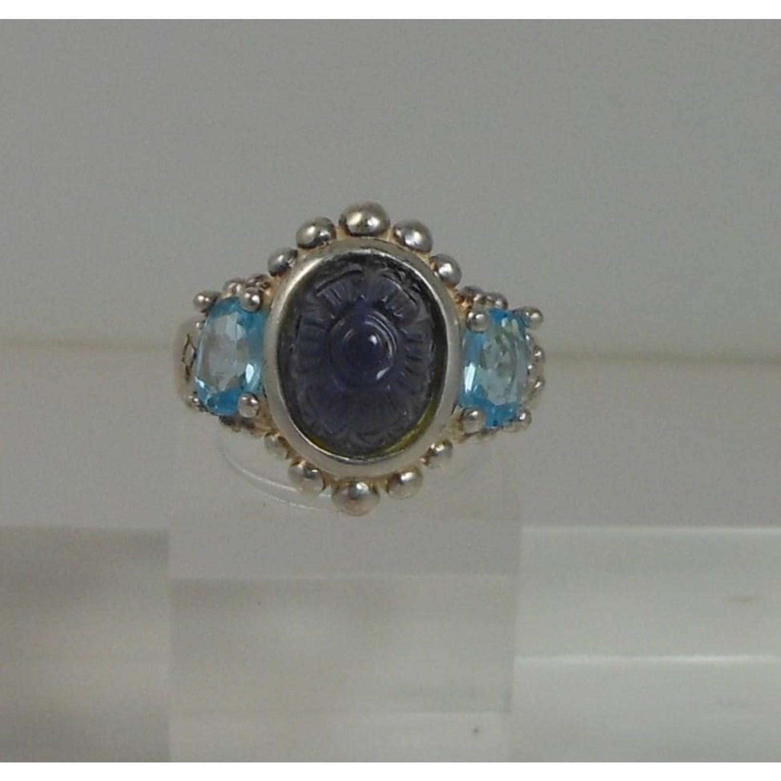 Handcrafted Vintage Blue Topaz Sterling Silver Ring Carved Chalcedony Size 4.5 - HoneyThomas.com
