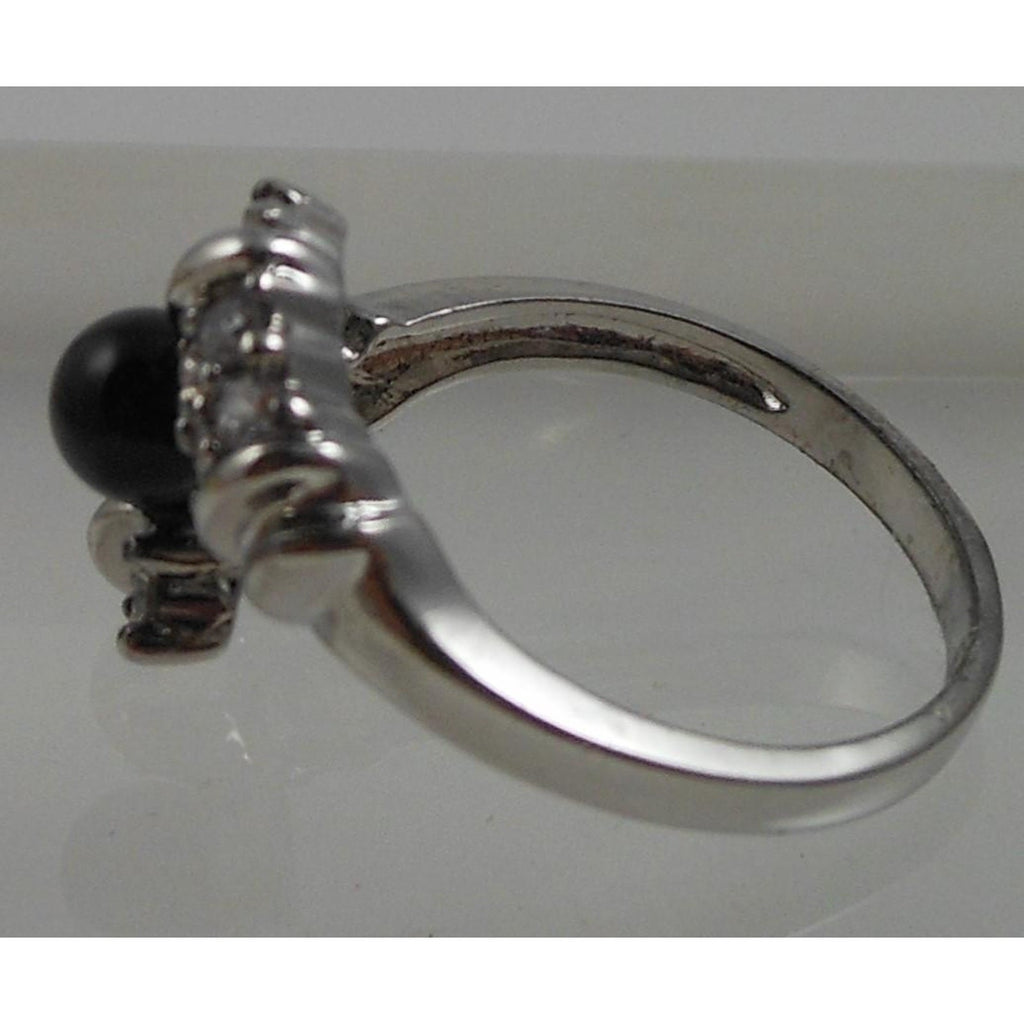 Vintage Black Onyx Bead Ring Sterling Silver 7.5 CZ Accent Bypass Band Thailand - HoneyThomas.com