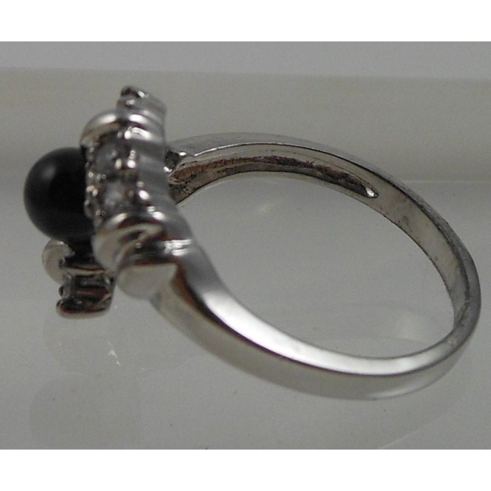 Vintage Black Onyx Bead Ring Sterling Silver 7.5 CZ Accent Bypass Band Thailand - HoneyThomas.com