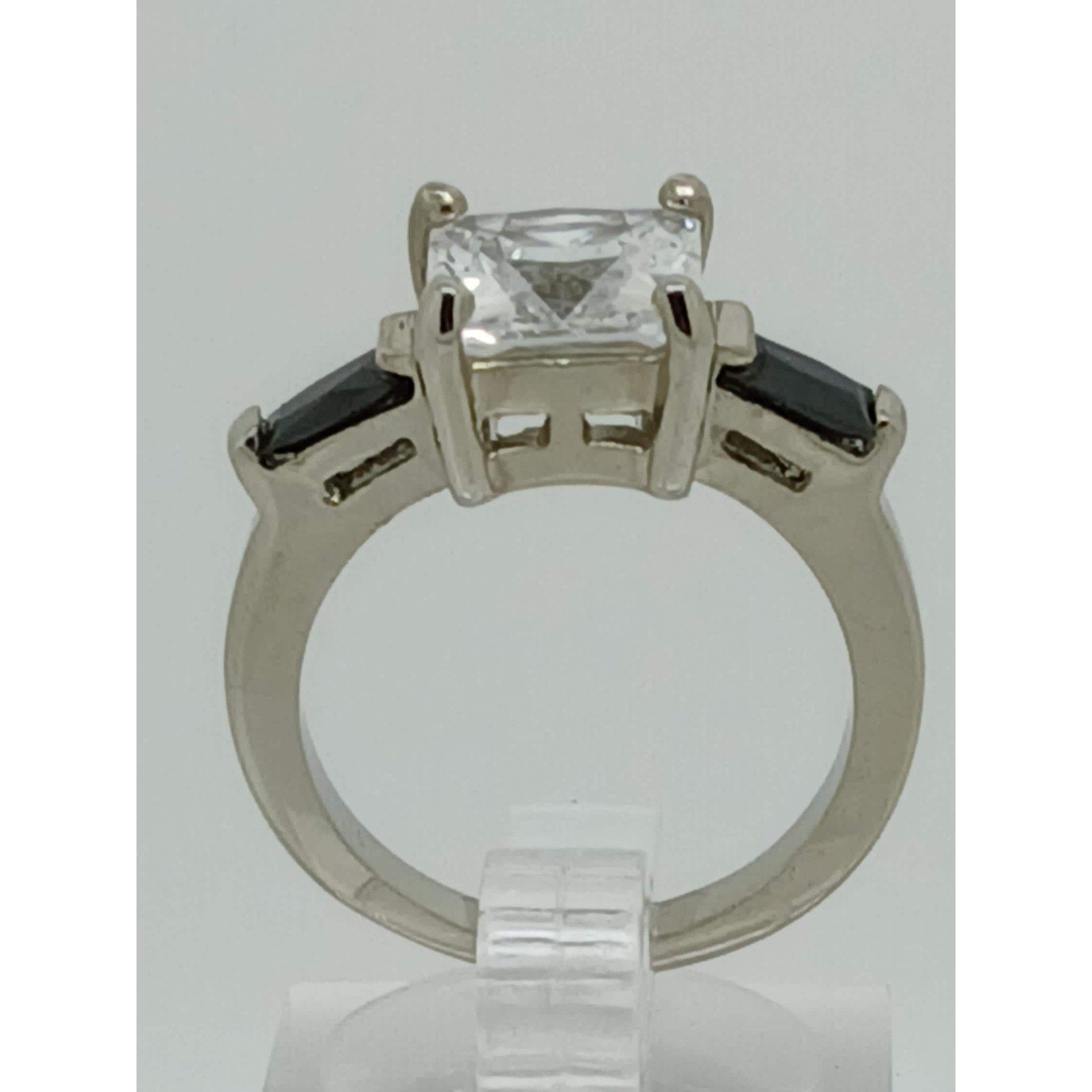Vintage 3-Stone Gold GP Silver Tone Princess Cut Black CZ Engagement Ring Size 7