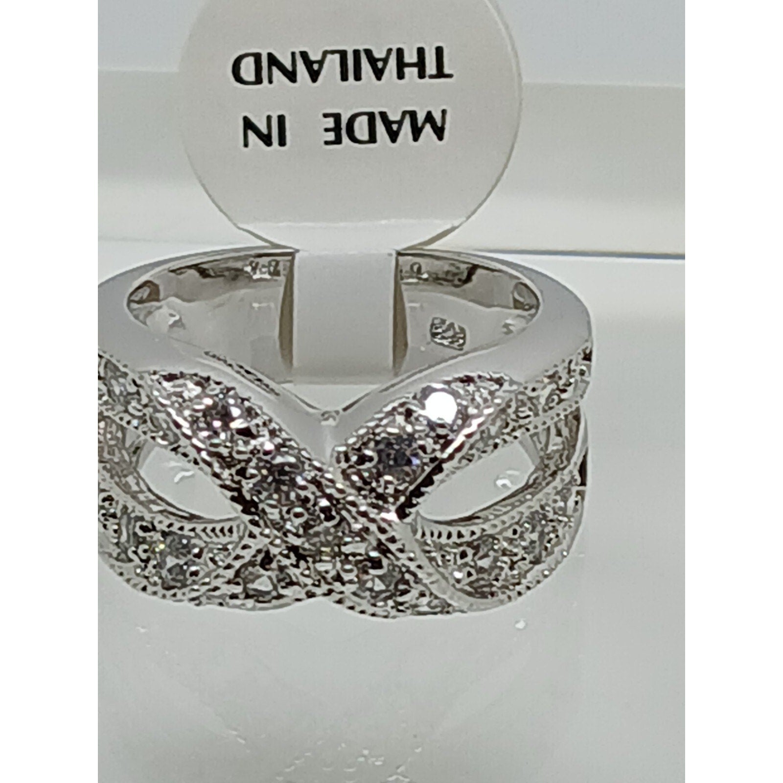 Elegant Vintage Jewelry Sterling Silver Cross-Over Simulated Diamond Ring Size 5 - HoneyThomas.com