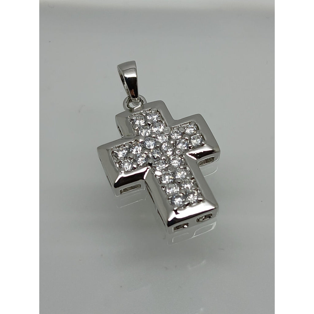 Elegant 90s Vintage Sterling Silver Cross Pendant with Sparkling White CZ Stones - HoneyThomas.com