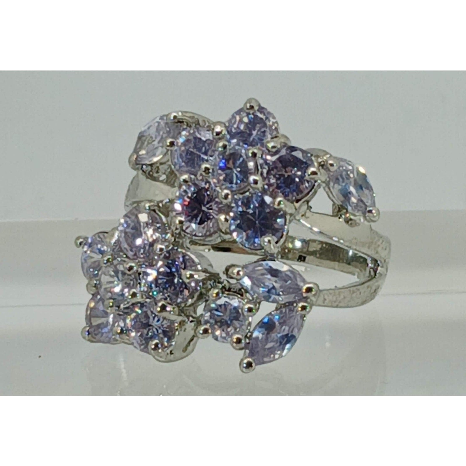 Vintage Ring Size 7 Silver Tone White Gold GP Brilliant Sim Diamond CZ Cocktail - HoneyThomas.com