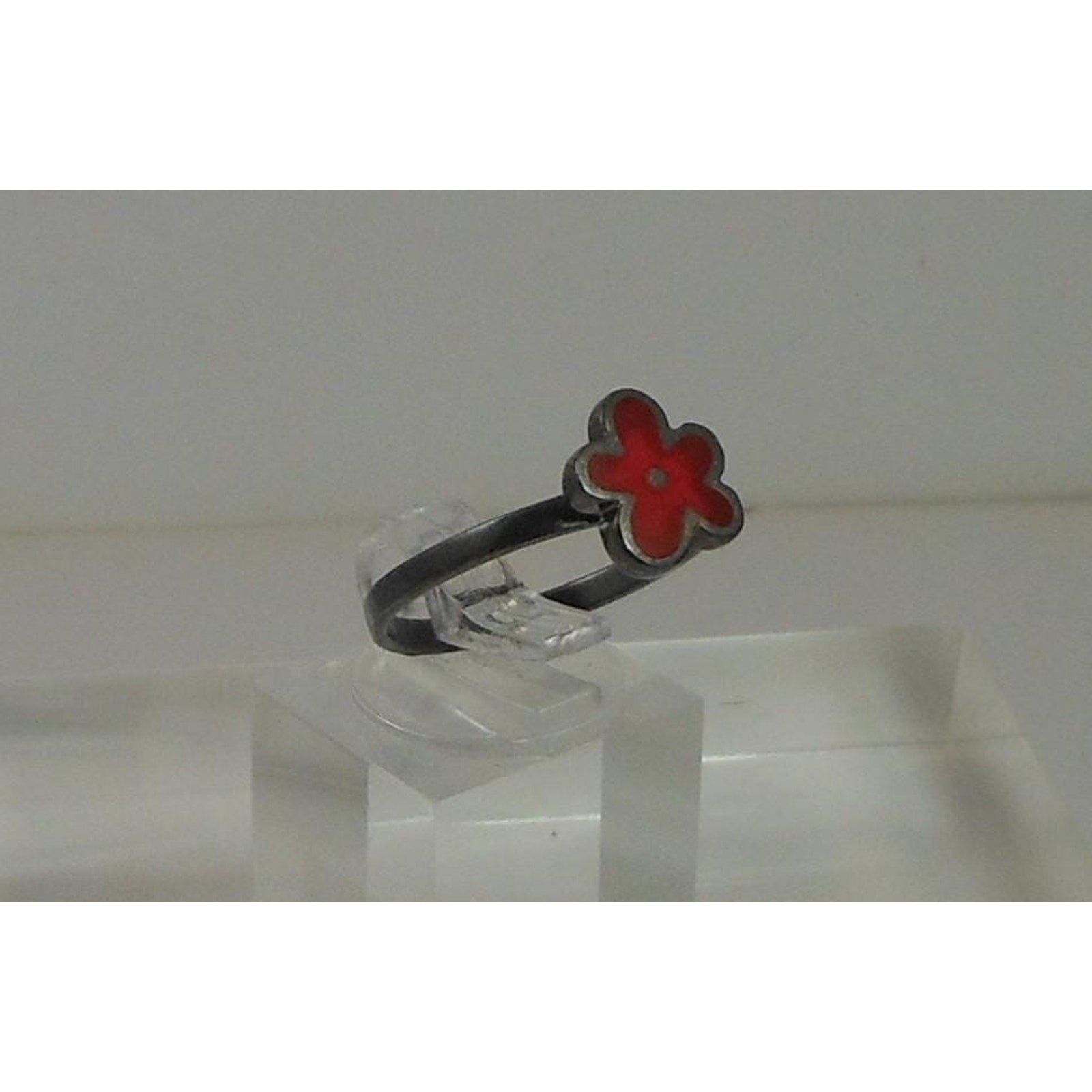 Fun Vibrant Red Flower Ring in Oxidized Sterling Silver - Size 8 - Enamel Resin