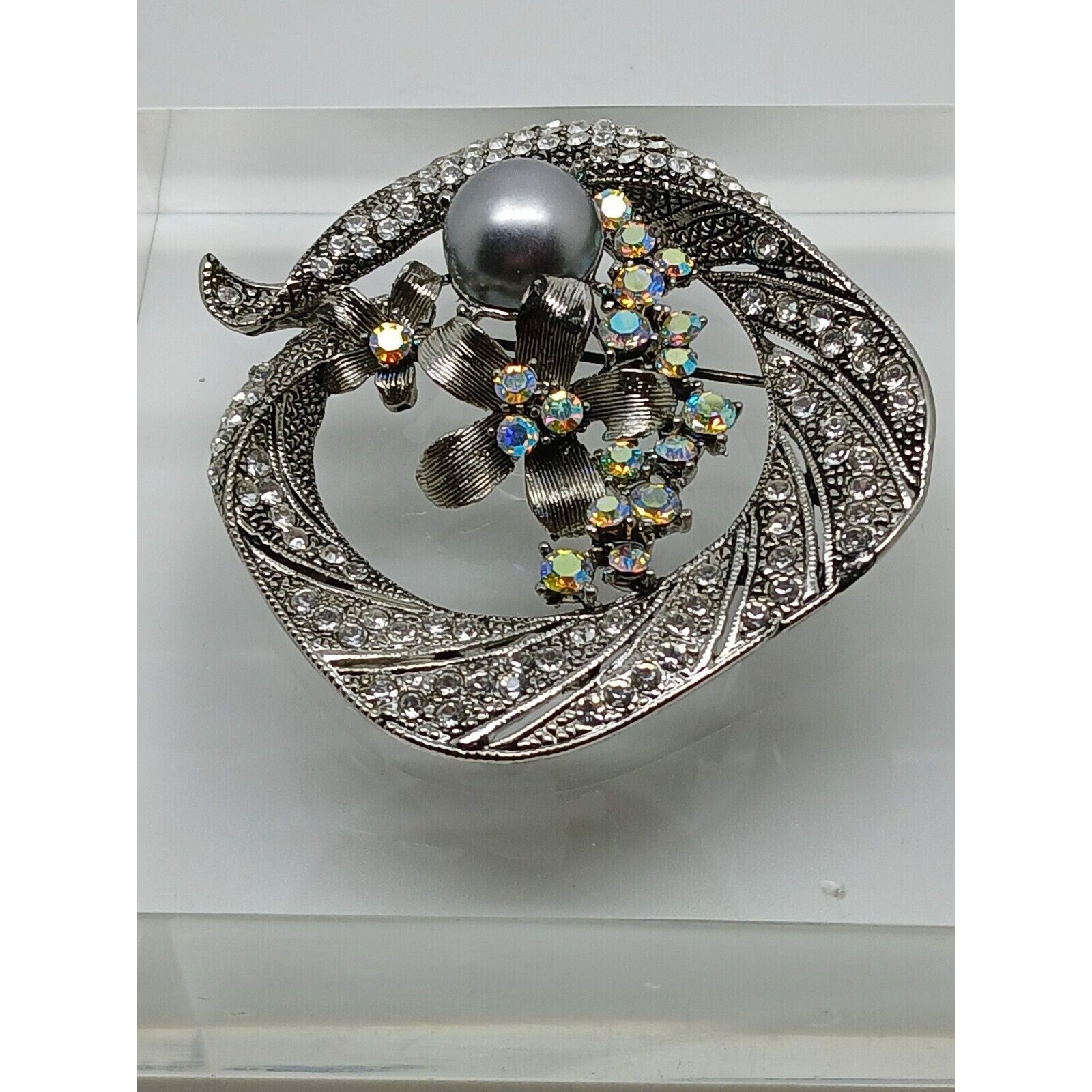 Gorgeous Vintage Estate Silver Grey Pearl Rhinestone Crystal AB Brooch