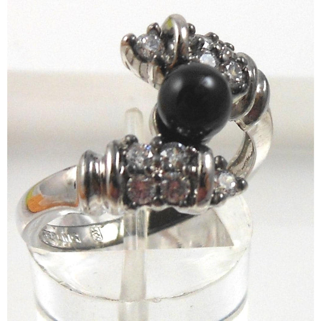 Vintage Black Onyx Bead Ring Sterling Silver 7.5 CZ Accent Bypass Band Thailand - HoneyThomas.com