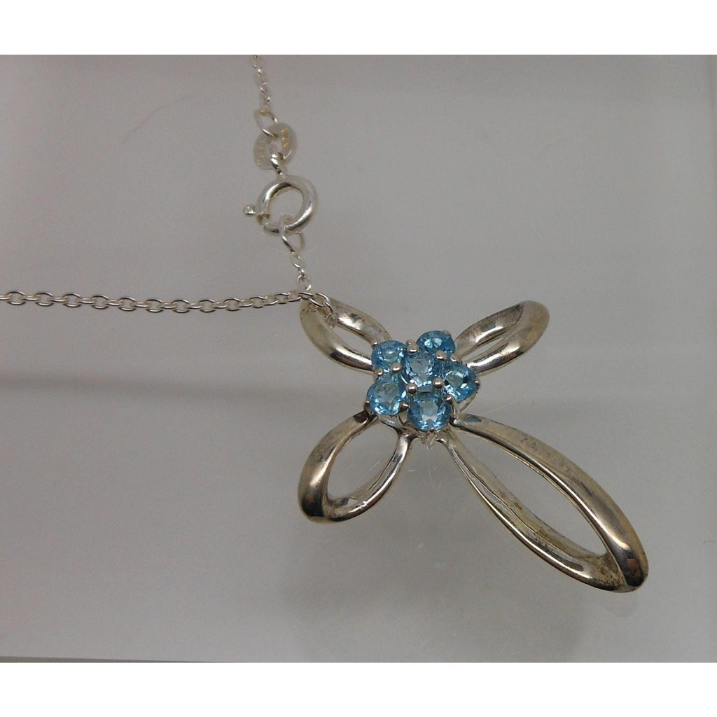 Vintage Sterling Silver Blue Topaz Flower Slide Cross Pendant Necklace Chain - HoneyThomas.com