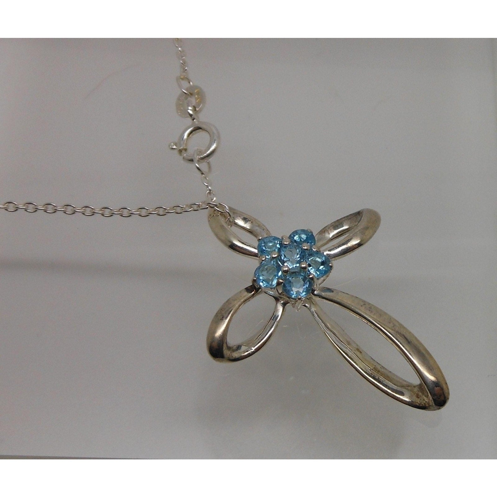 Vintage Sterling Silver Blue Topaz Flower Slide Cross Pendant Necklace Chain - HoneyThomas.com