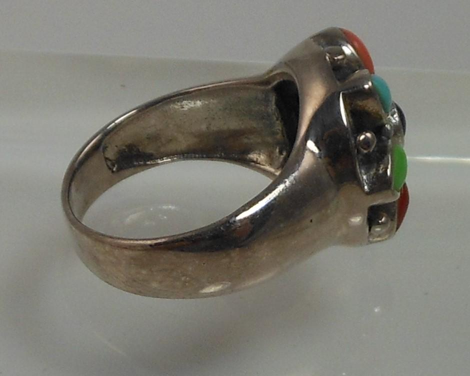 Vintage Designer Sterling Silver Turquoise Coral Garnet Ring - Size 7.75