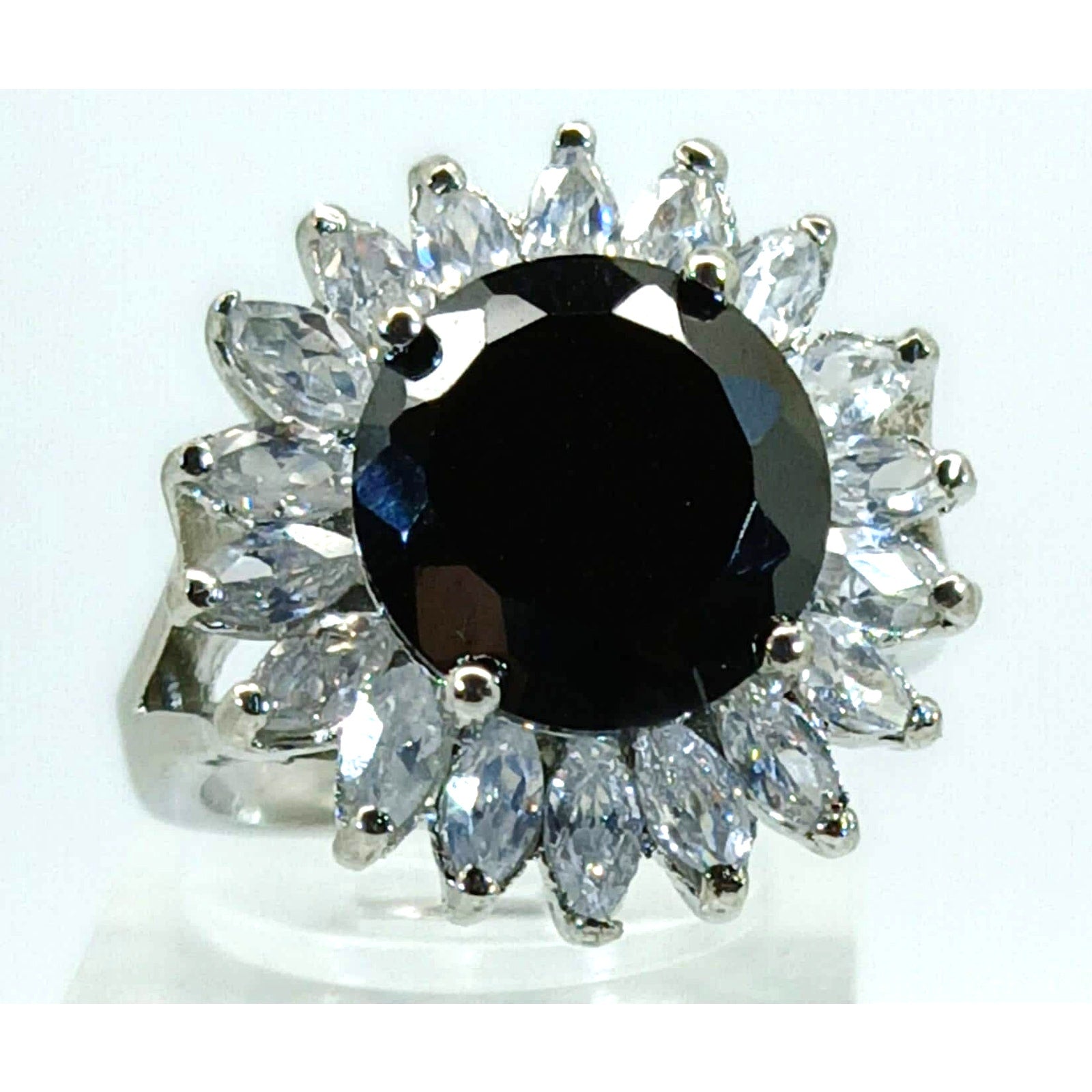 Ring Size 6.25 Silver Tone White Black  Gold GP Black CZ Cluster Cocktail Vintage