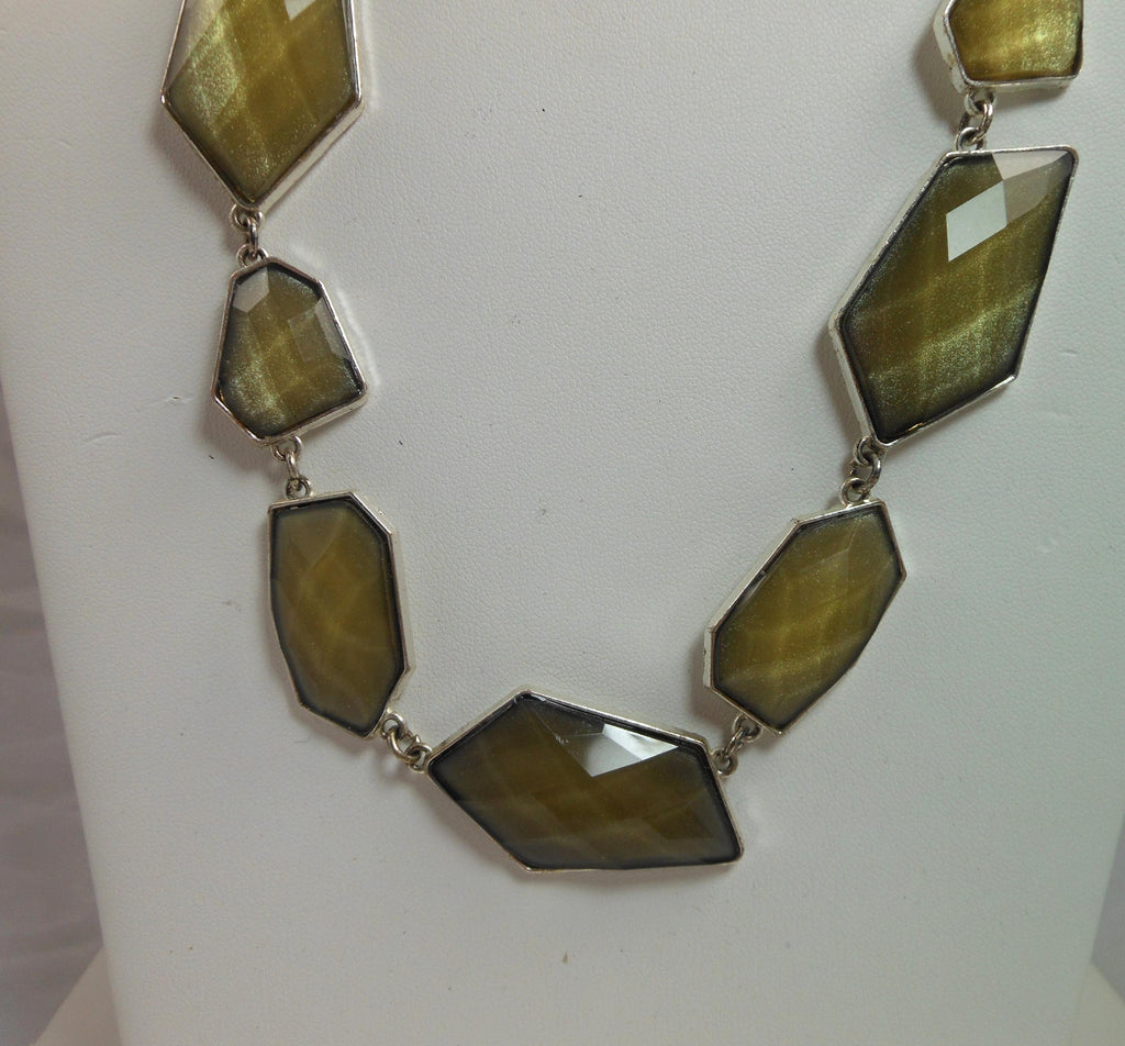 Green Geometric Link Pendant Necklace: Designer Signed NY, 36" Statement Jewelry