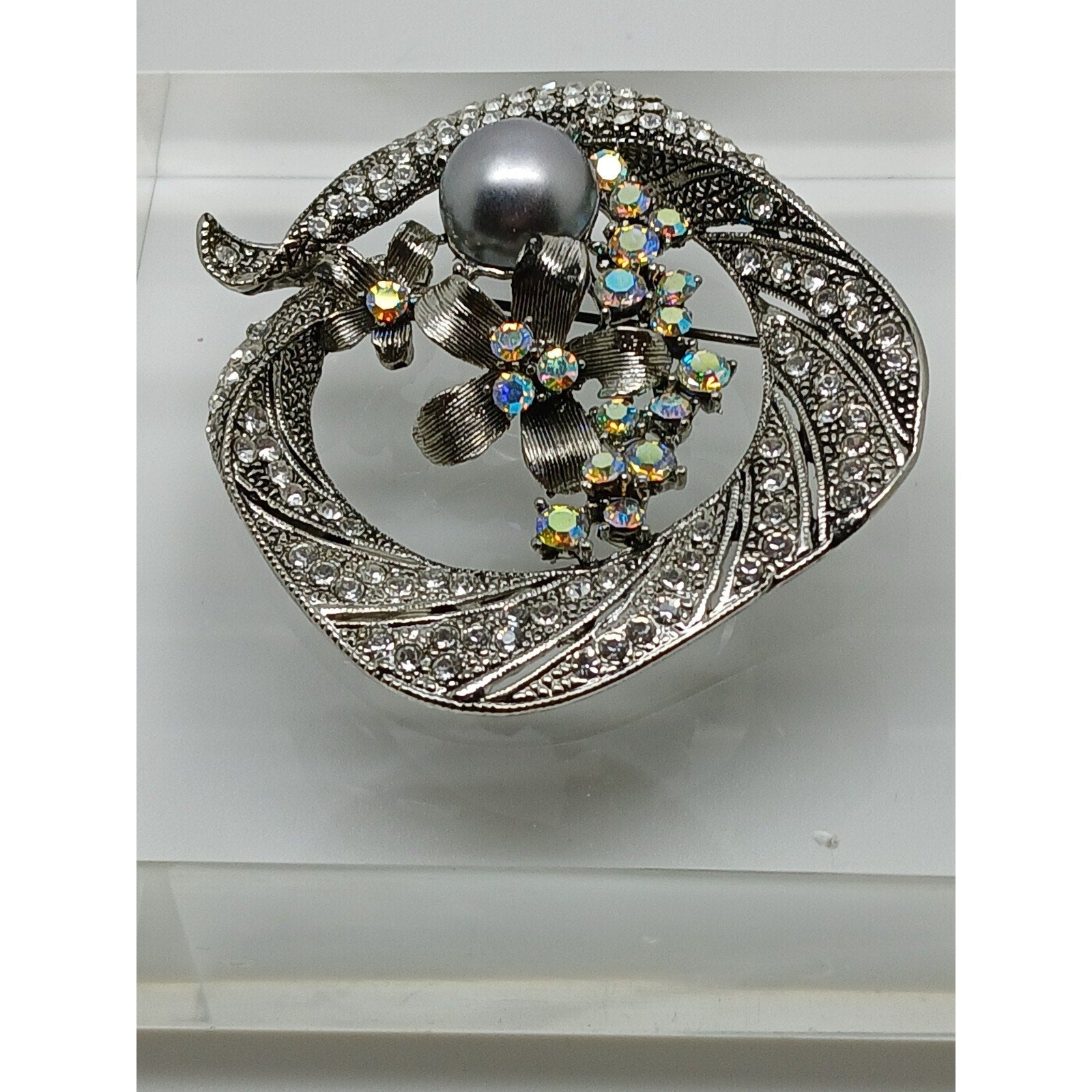 Gorgeous Vintage 90's Antique Style Grey Pearl Rhinestone Crystal AB Brooch - HoneyThomas.com