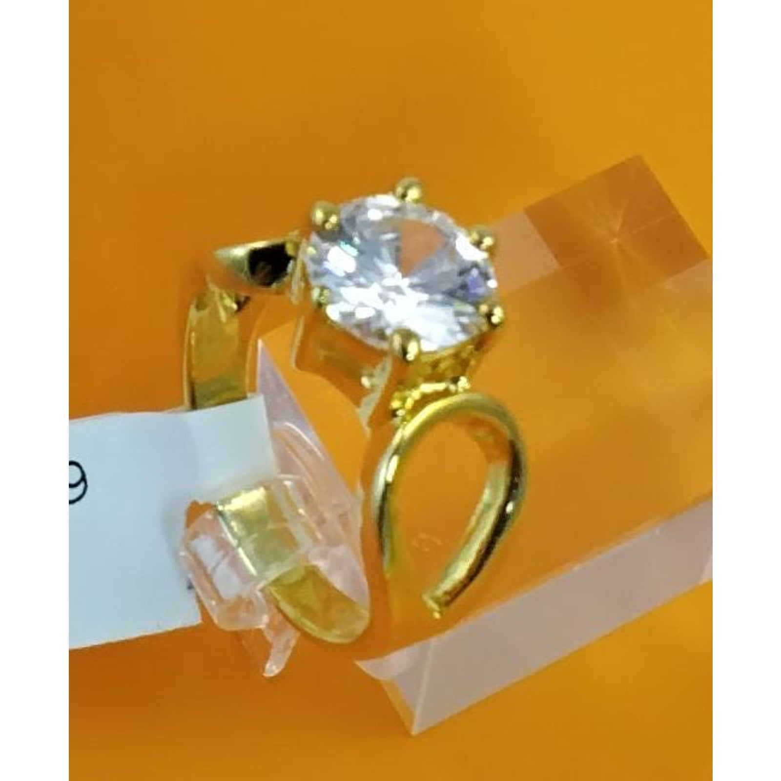 1990s Gold Plated 3.25 CT Size 9 Solitaire Engagement Cocktail Sim Diamond Ring