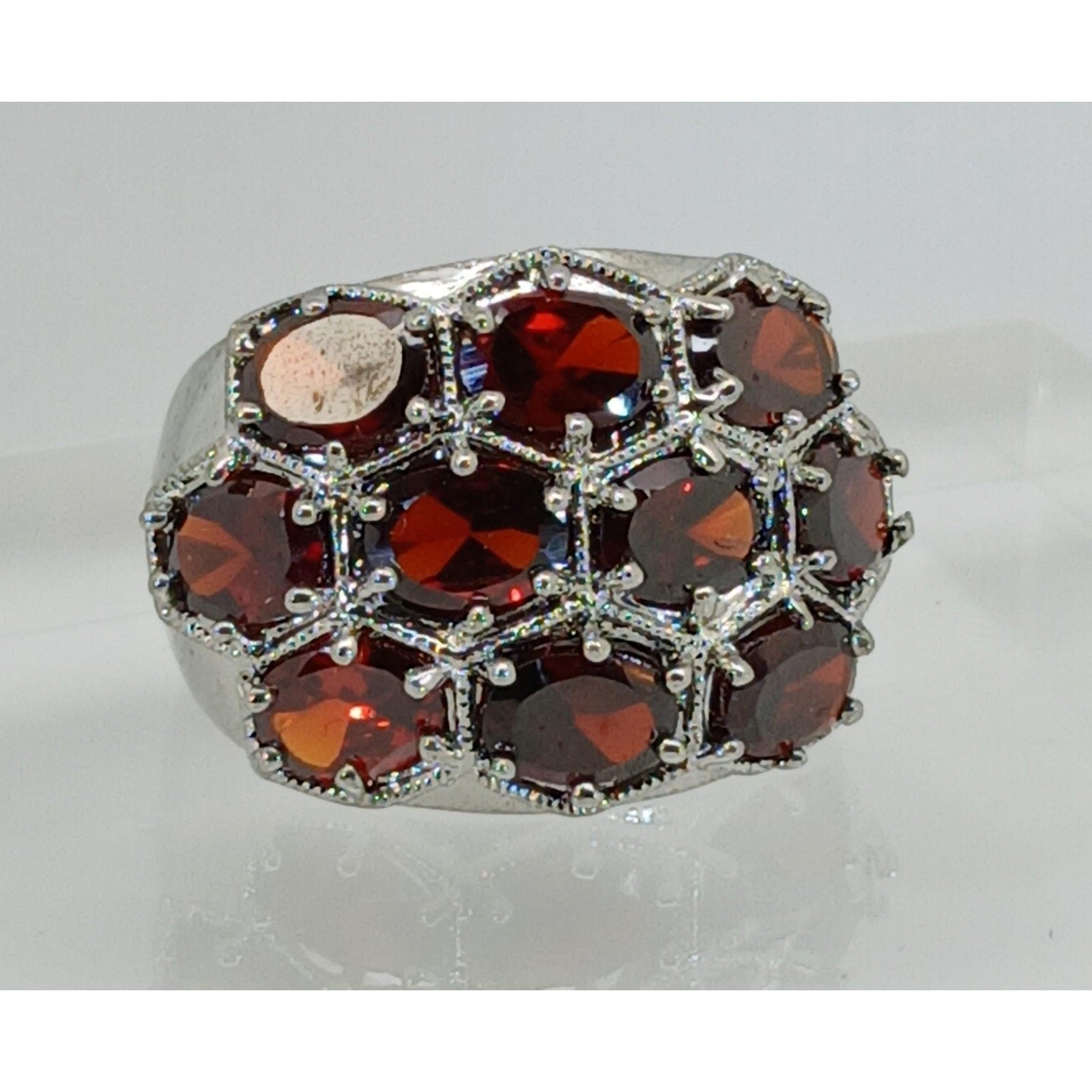 Vintage Ring Size 10.5 Silver Tone White Gold GP Red CZ Cocktail New-Old-Stock - HoneyThomas.com