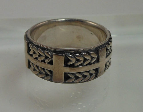 925 Oxidized Sterling Silver Celtic Weave Cross Ring - Vintage 8mm Wide Band, Size 8