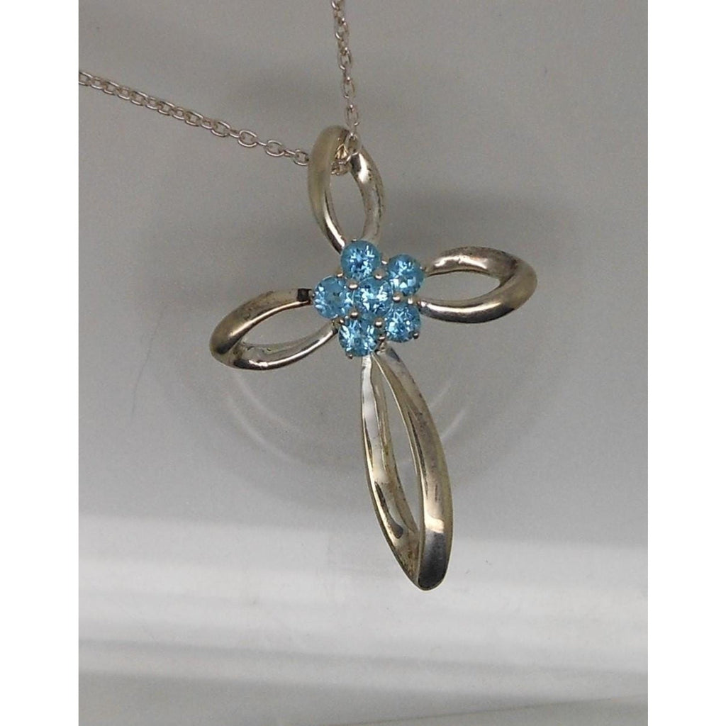 Vintage Sterling Silver Blue Topaz Flower Slide Cross Pendant Necklace Chain - HoneyThomas.com