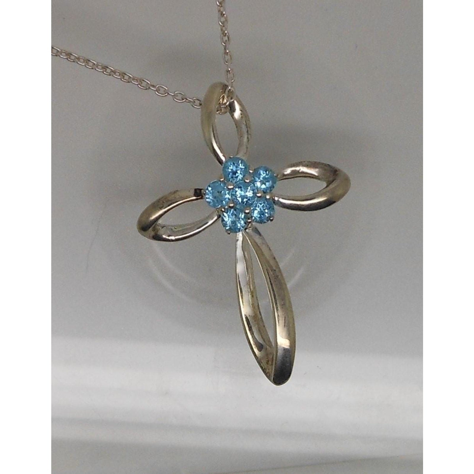 Vintage Sterling Silver Blue Topaz Flower Slide Cross Pendant Necklace Chain - HoneyThomas.com