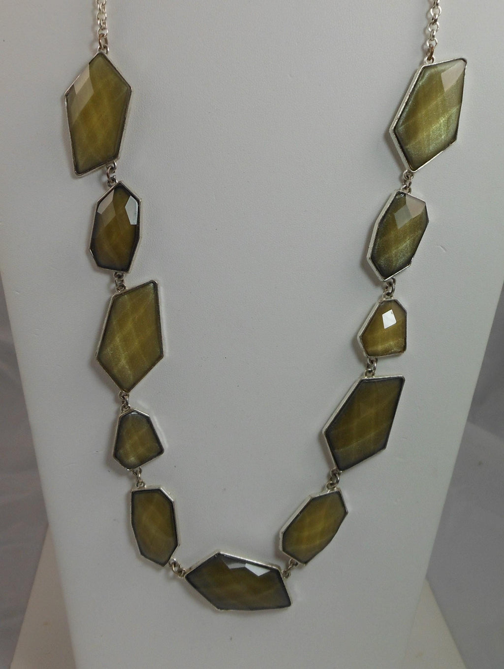 Green Geometric Link Pendant Necklace: Designer Signed NY, 36" Statement Jewelry