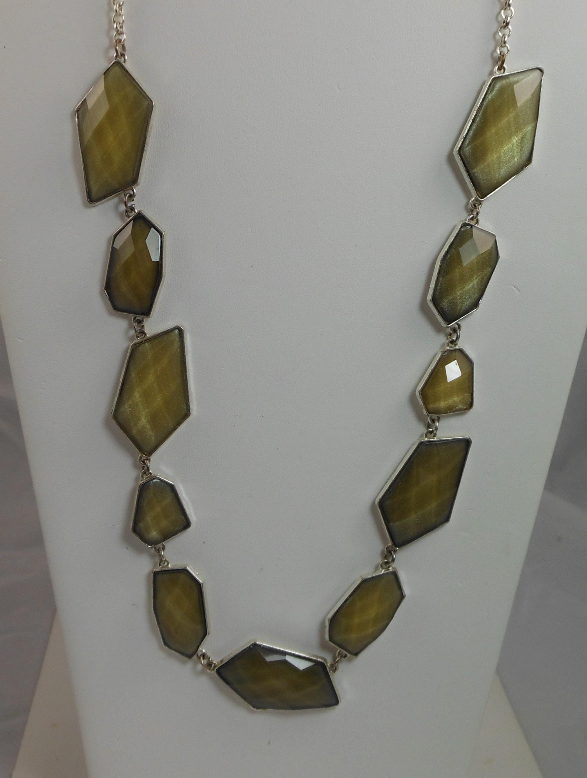 Green Geometric Link Pendant Necklace: Designer Signed NY, 36" Statement Jewelry