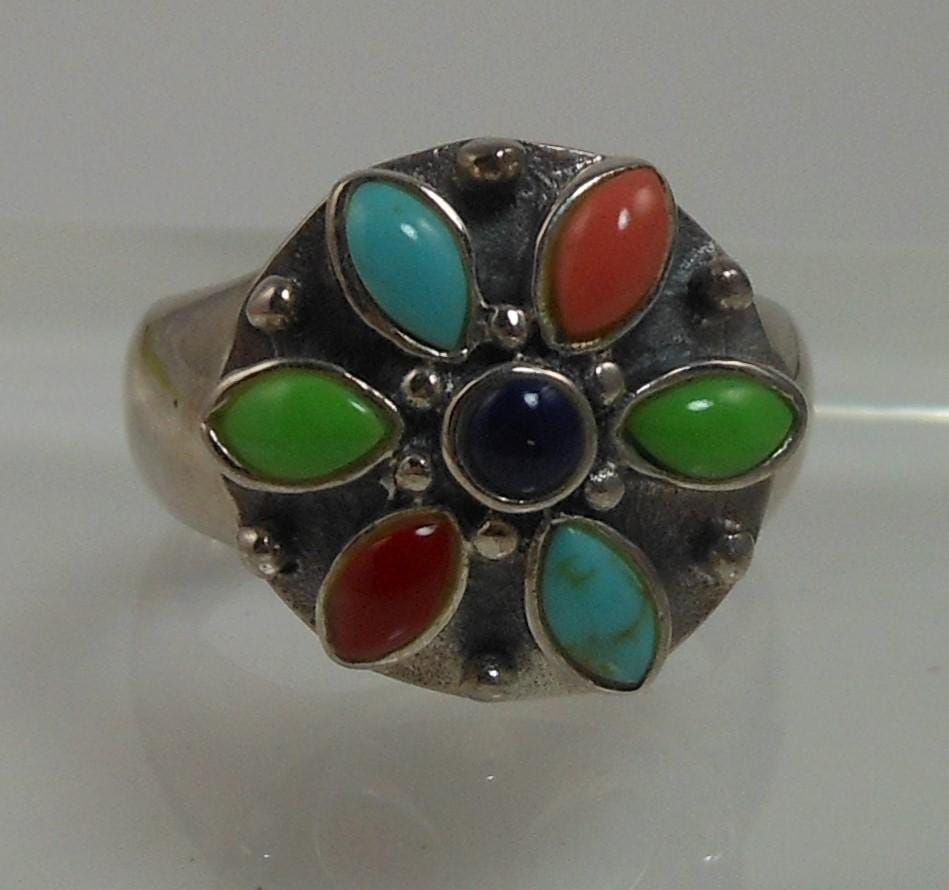Vintage Designer Sterling Silver Turquoise Coral Garnet Ring - Size 7.75
