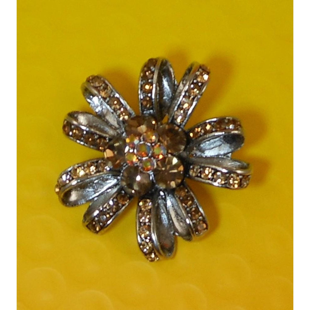 Vintage Amber Topaz AB Flower Ribbon Crystal Rhinestone Silver tone Pin Brooch