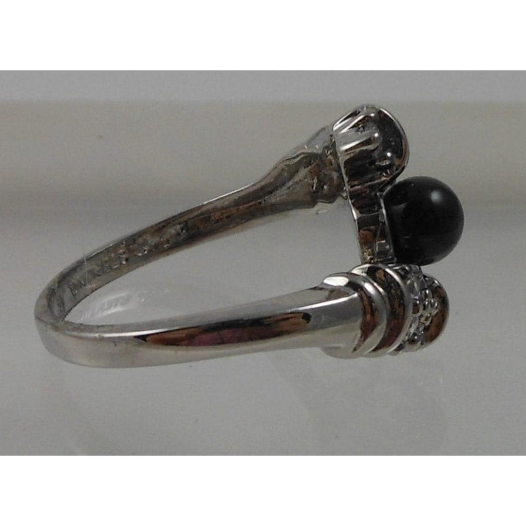 Vintage Black Onyx Bead Ring Sterling Silver 7.5 CZ Accent Bypass Band Thailand - HoneyThomas.com