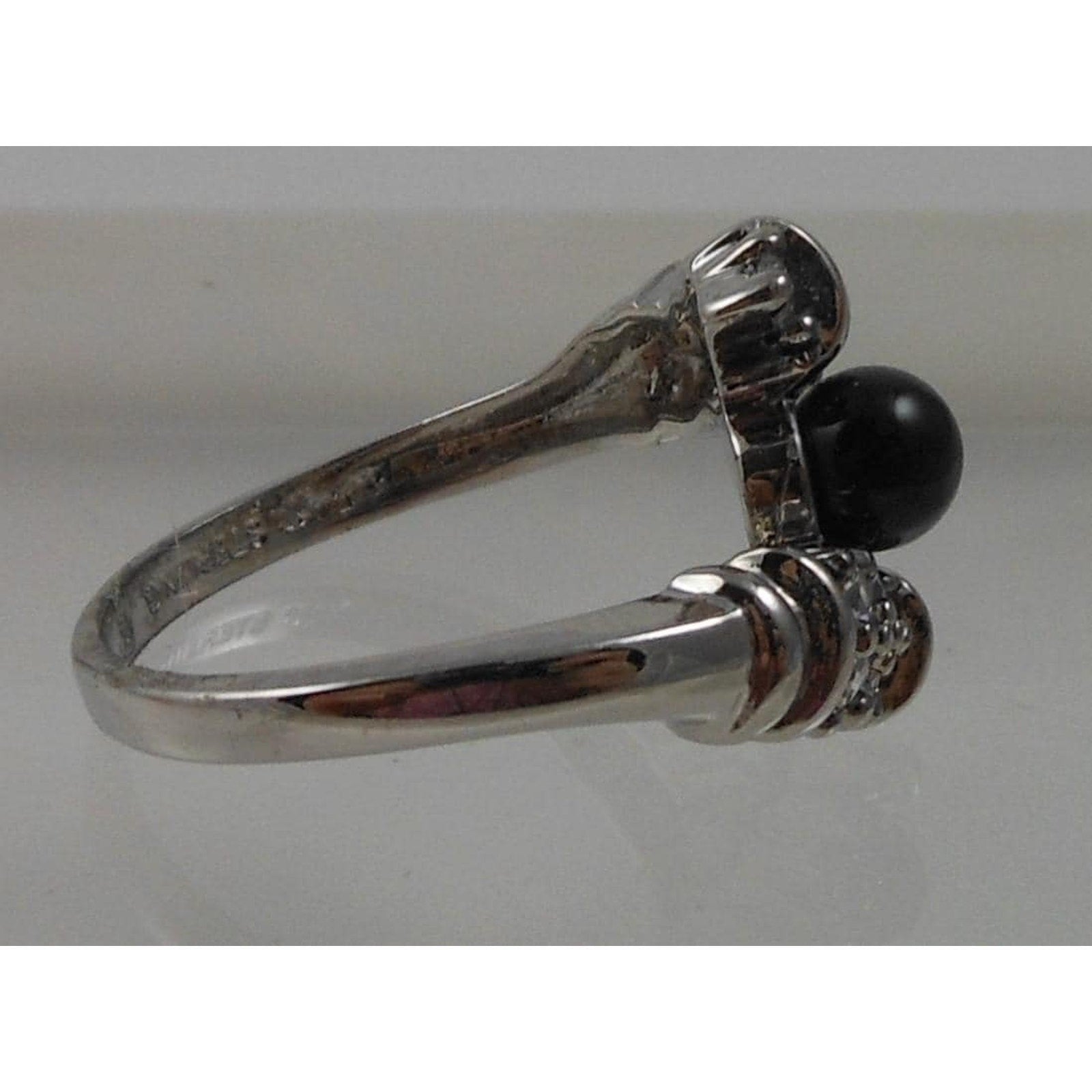Vintage Black Onyx Bead Ring Sterling Silver 7.5 CZ Accent Bypass Band Thailand - HoneyThomas.com