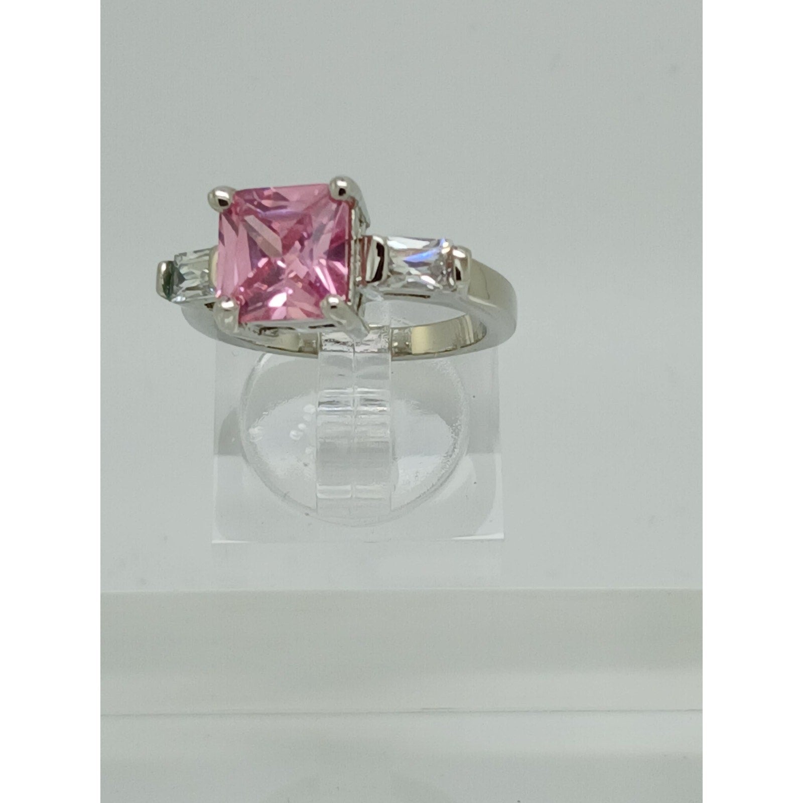 Vintage 3-Stone Gold GP Pink Princess Cut Sim Diamond CZ Engagement Ring Size 7 - HoneyThomas.com