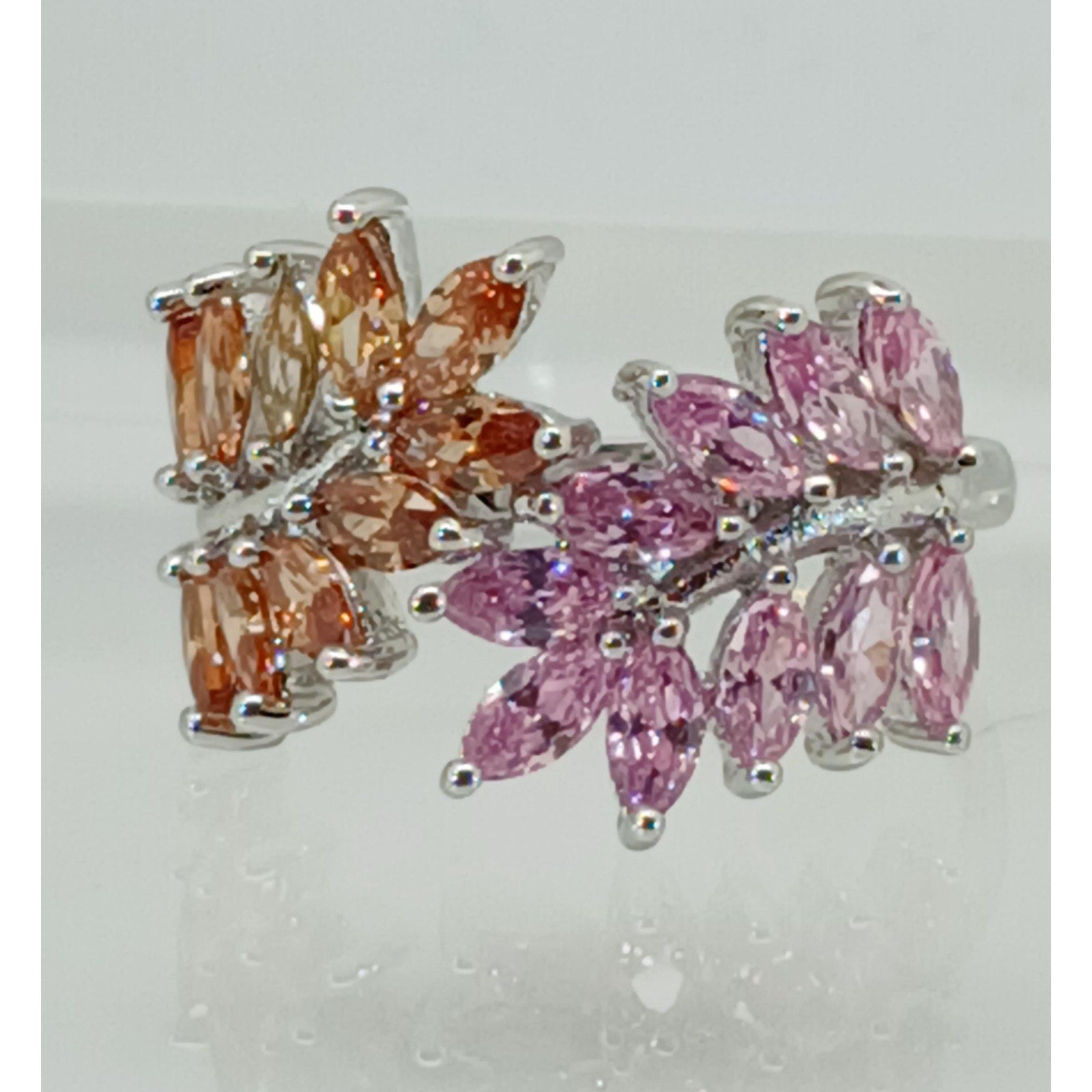Vintage Ring Size 9.5 Silver Tone White Gold GP Pink Champagne Amber CZ Spray Cocktail