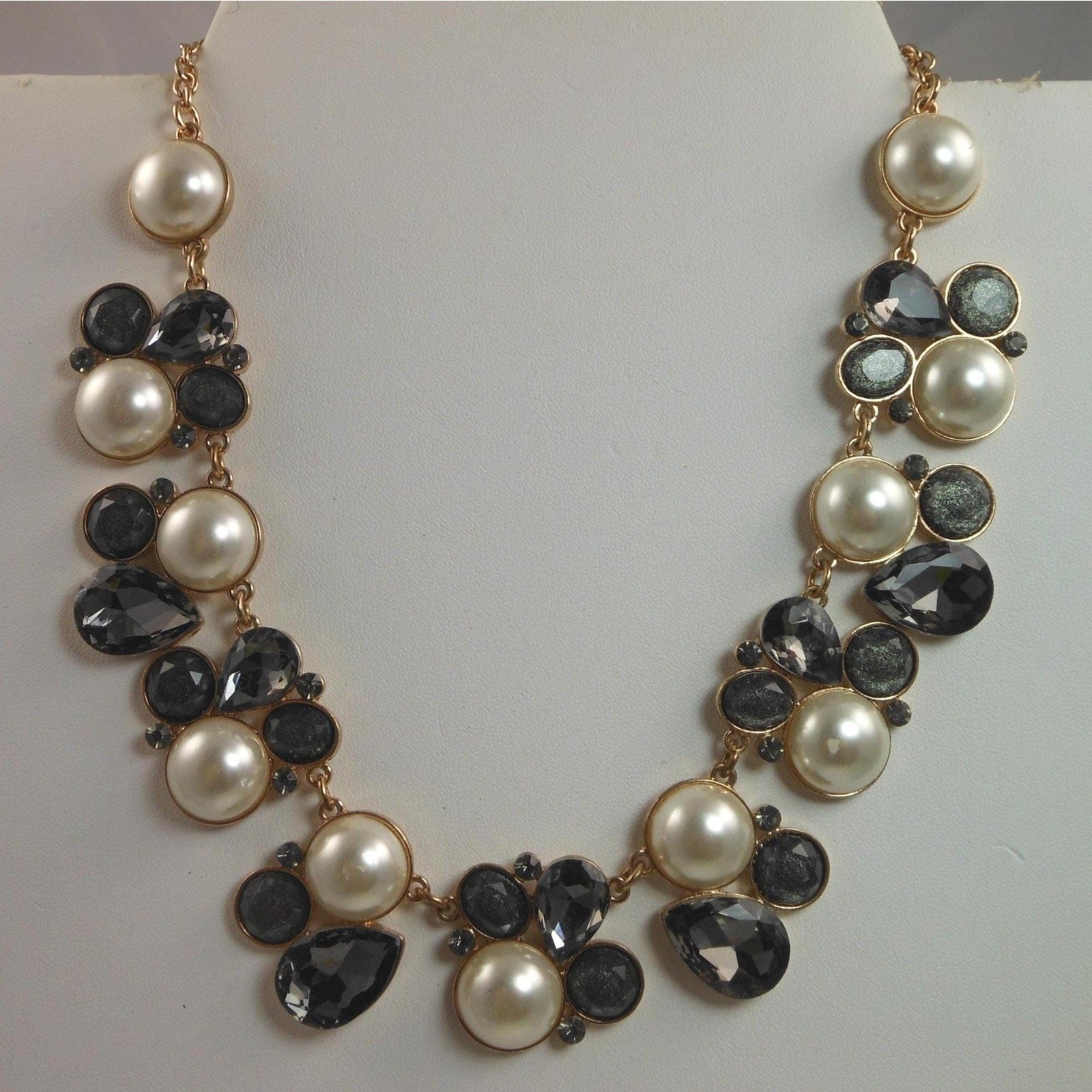 Elegant Vintage Faux Pearl Necklace with Gold and Grey Accents Statement Jewelry - HoneyThomas.com